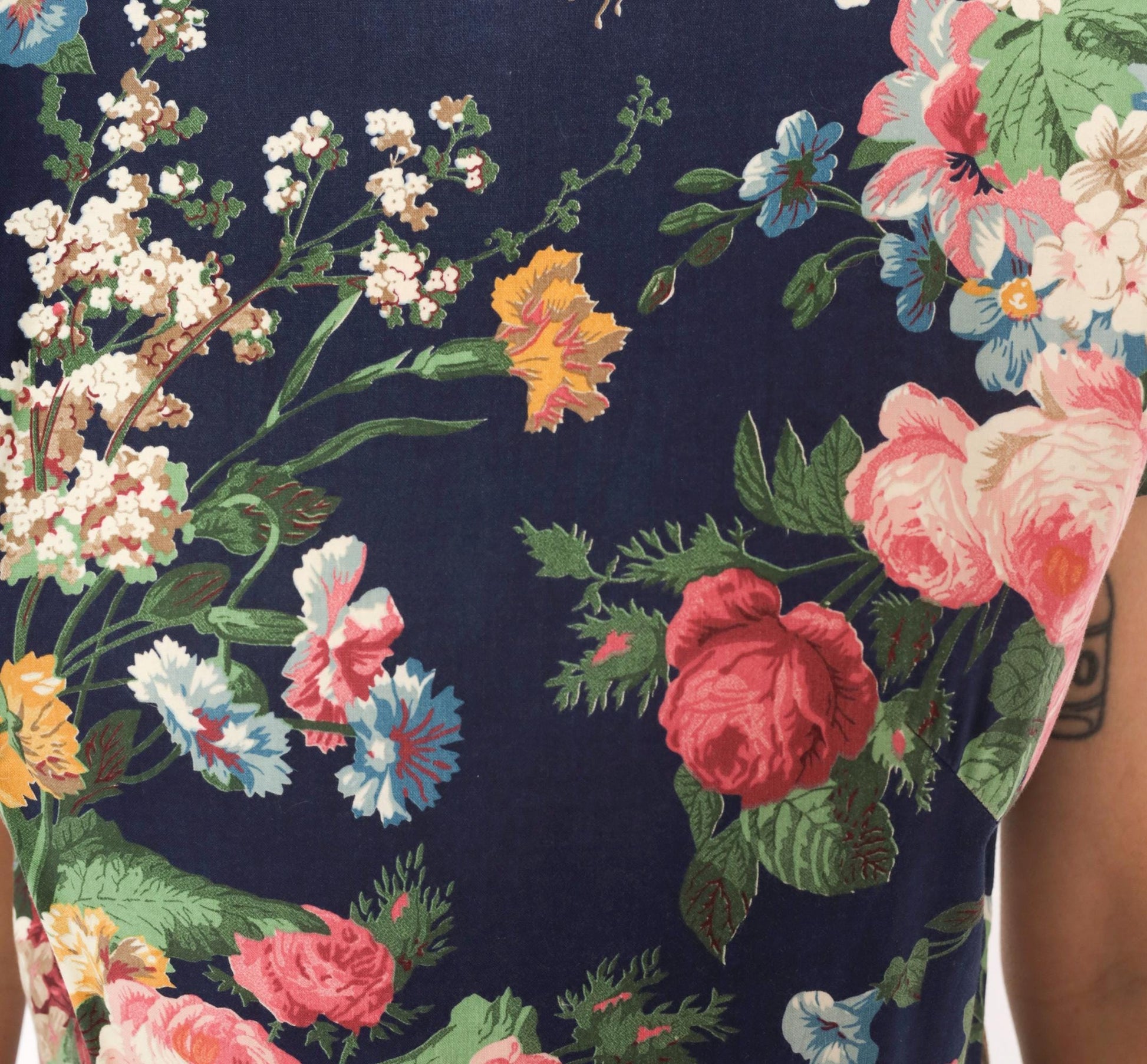 90s E.D. Michaels Floral Midi Dress Navy Cotton Garden Print Scoop Back Small