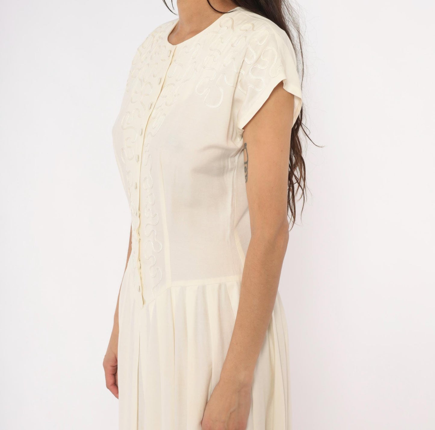 90s Jlt Soutache Embroidered Maxi Dress Cream Button Front Cap Sleeve Medium M
