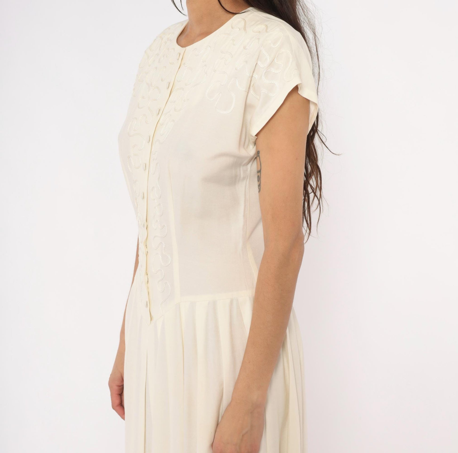 90s Jlt Soutache Embroidered Maxi Dress Cream Button Front Cap Sleeve Medium M