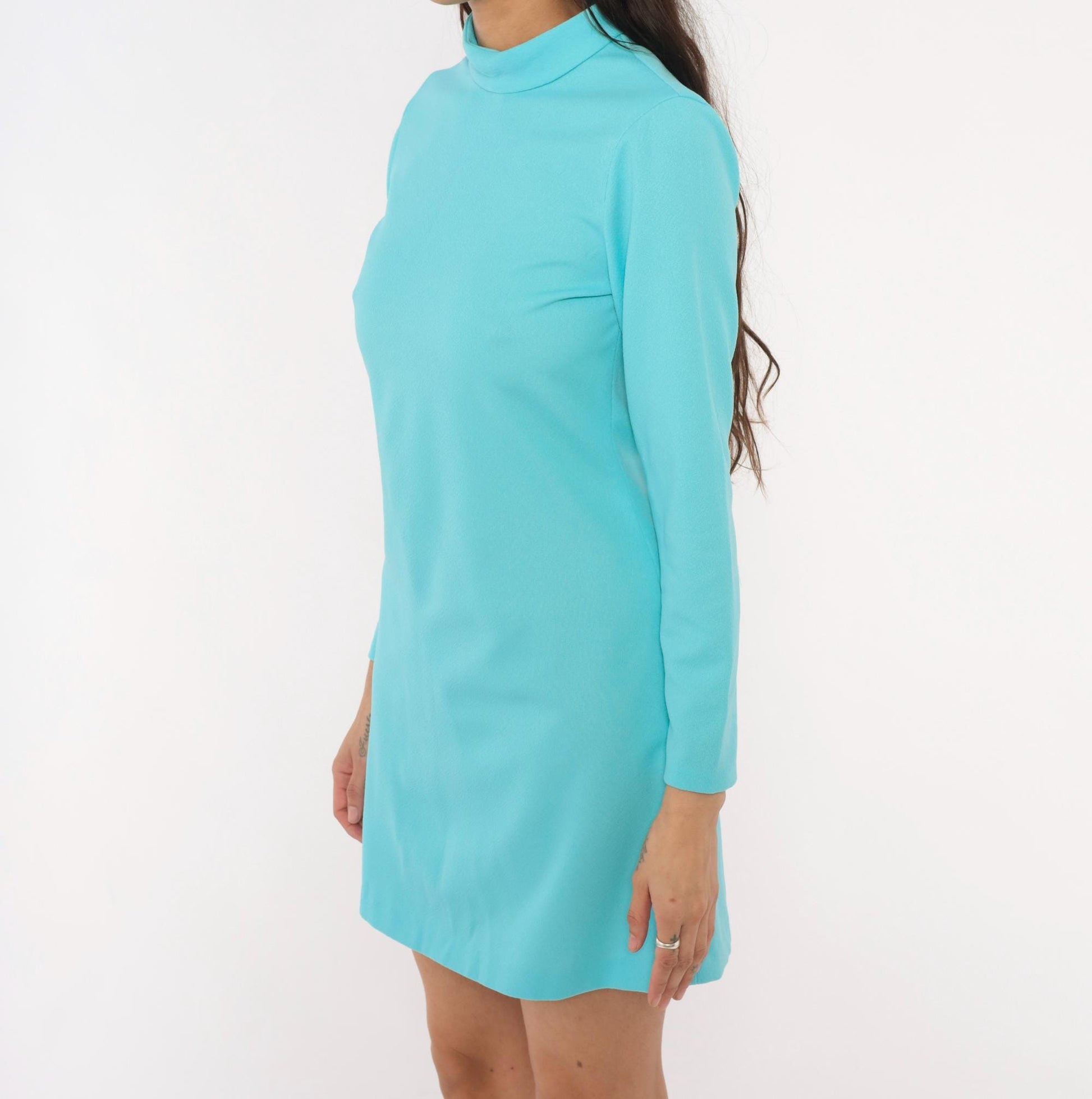 70s Aqua Mock Neck Mini Dress Long Sleeve Shift Turquoise Small