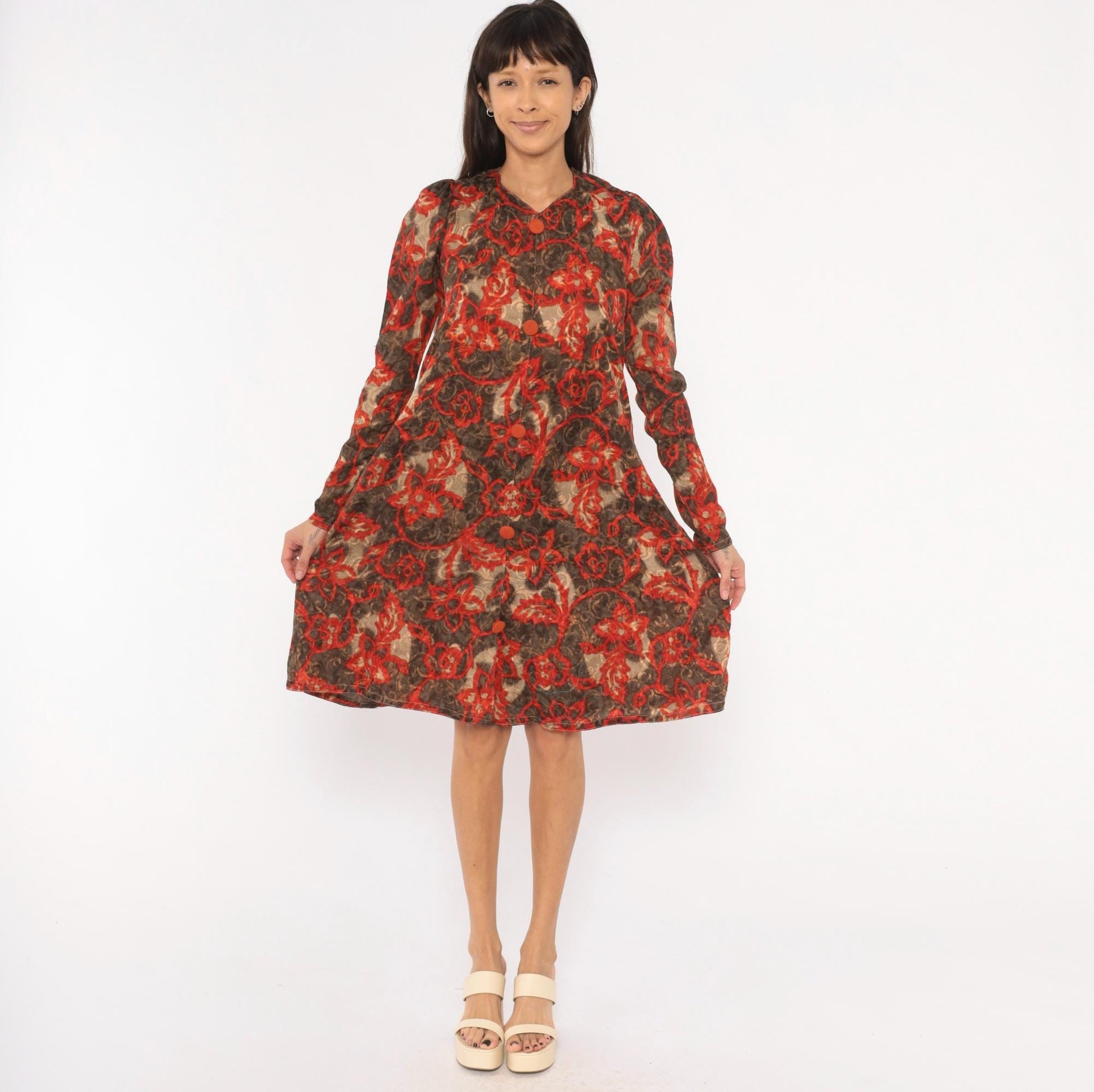 90s Floral Vine Dress Red Brown Scrolling Leaf Print V Neck Puff Shoulder Small S