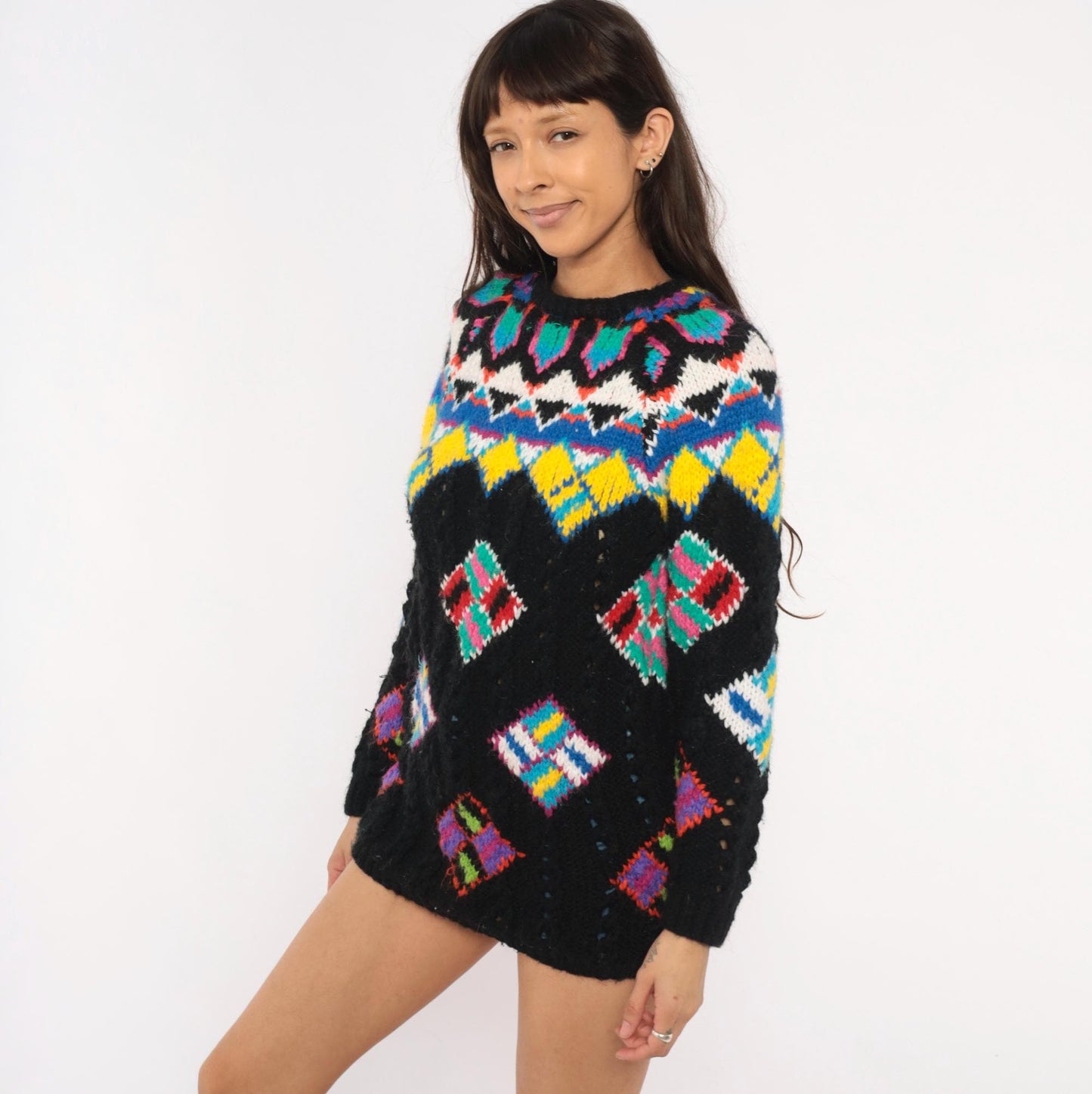 90s Kitty Hawk Fair Isle Sweater Black Multicolor Diamond Pullover Small S