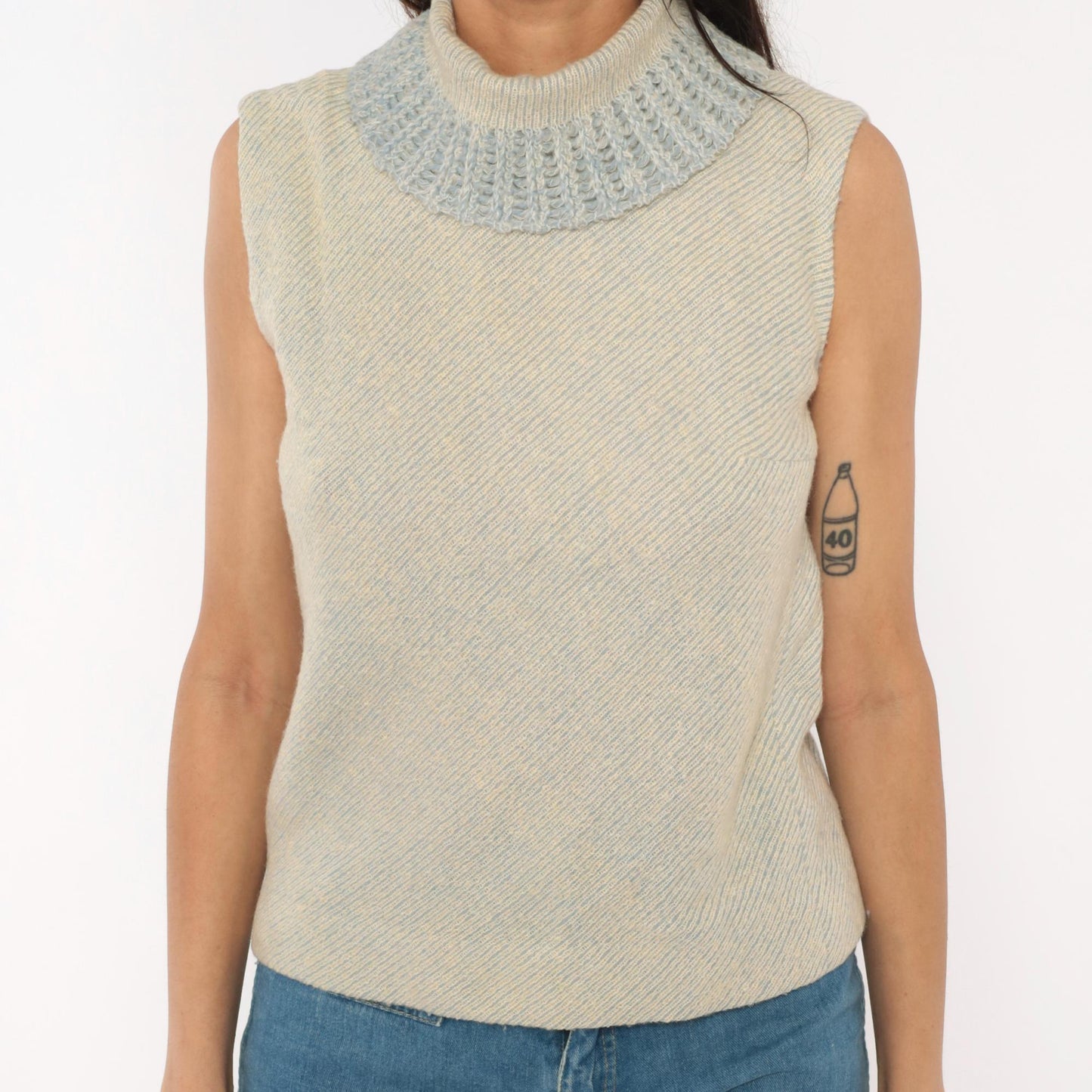 60s Gino Faves Wool Sleeveless Knit Vest Mock Neck Grey Cream Small S