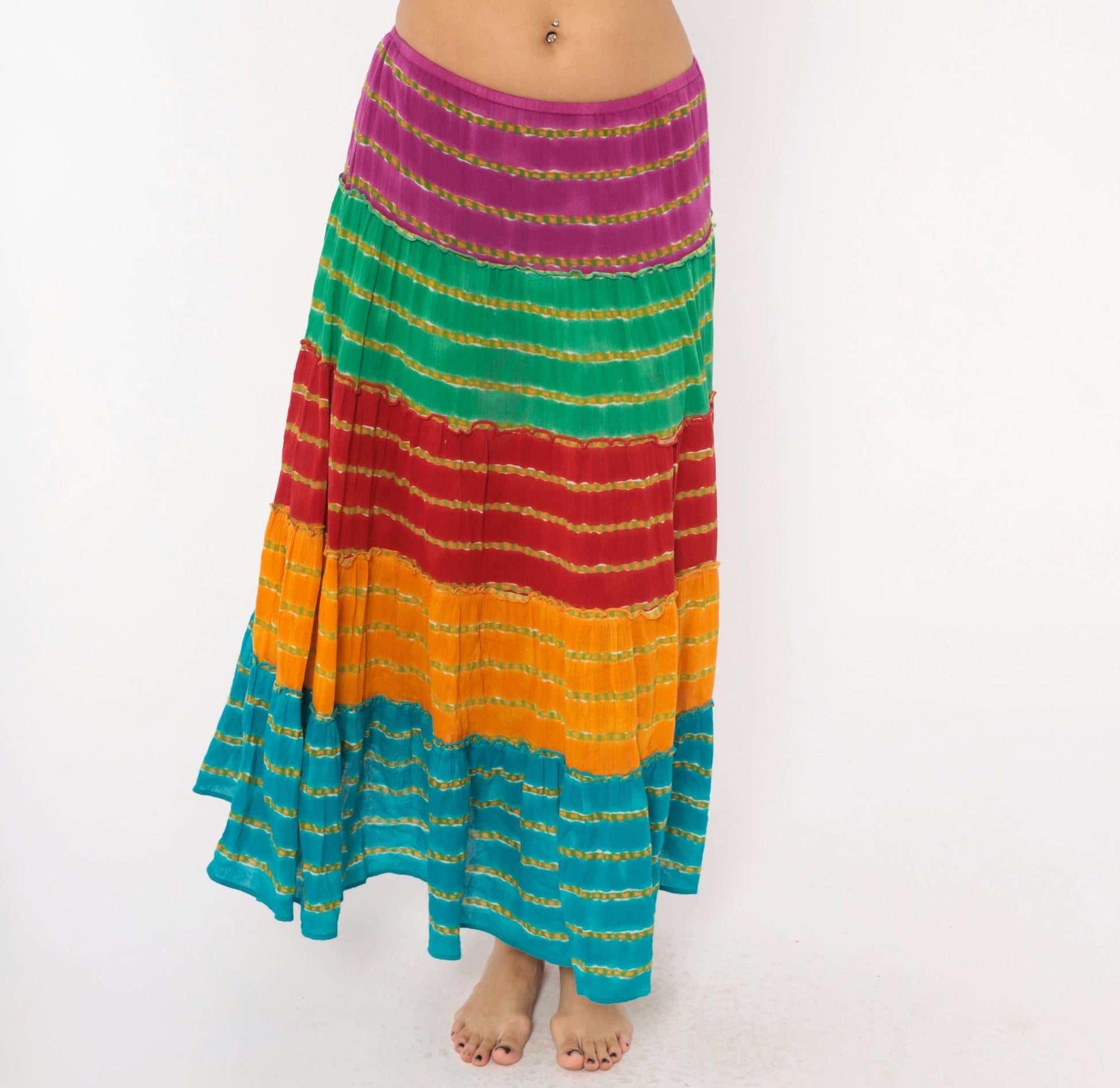 90s Rainbow Broomstick Maxi Skirt Tiered Striped Cotton Crinkled Extra Large XL