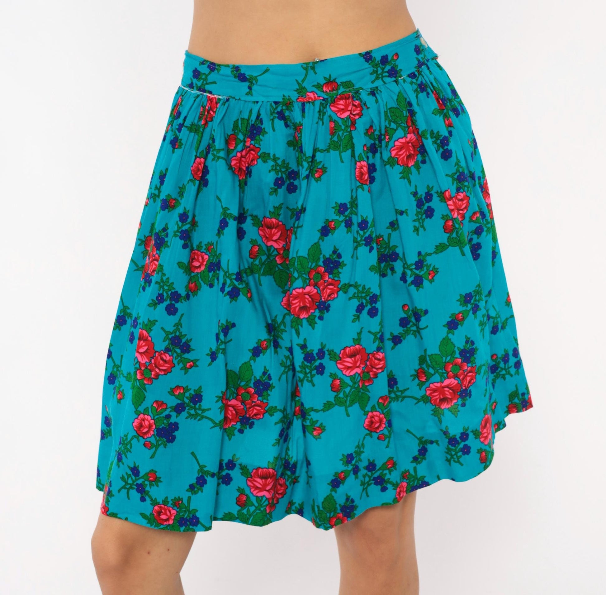 70s Teal Floral Cotton Mini Skirt High-Waisted A-Line Button Back Small S