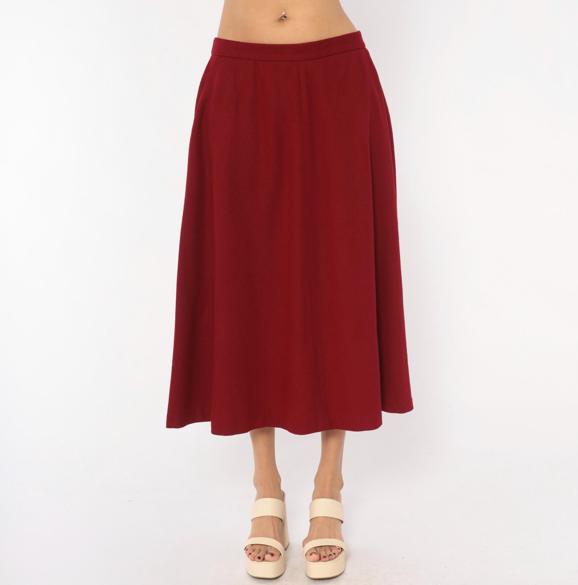 80s Koret Burgundy Wool Midi Skirt A-Line High Waist Large L