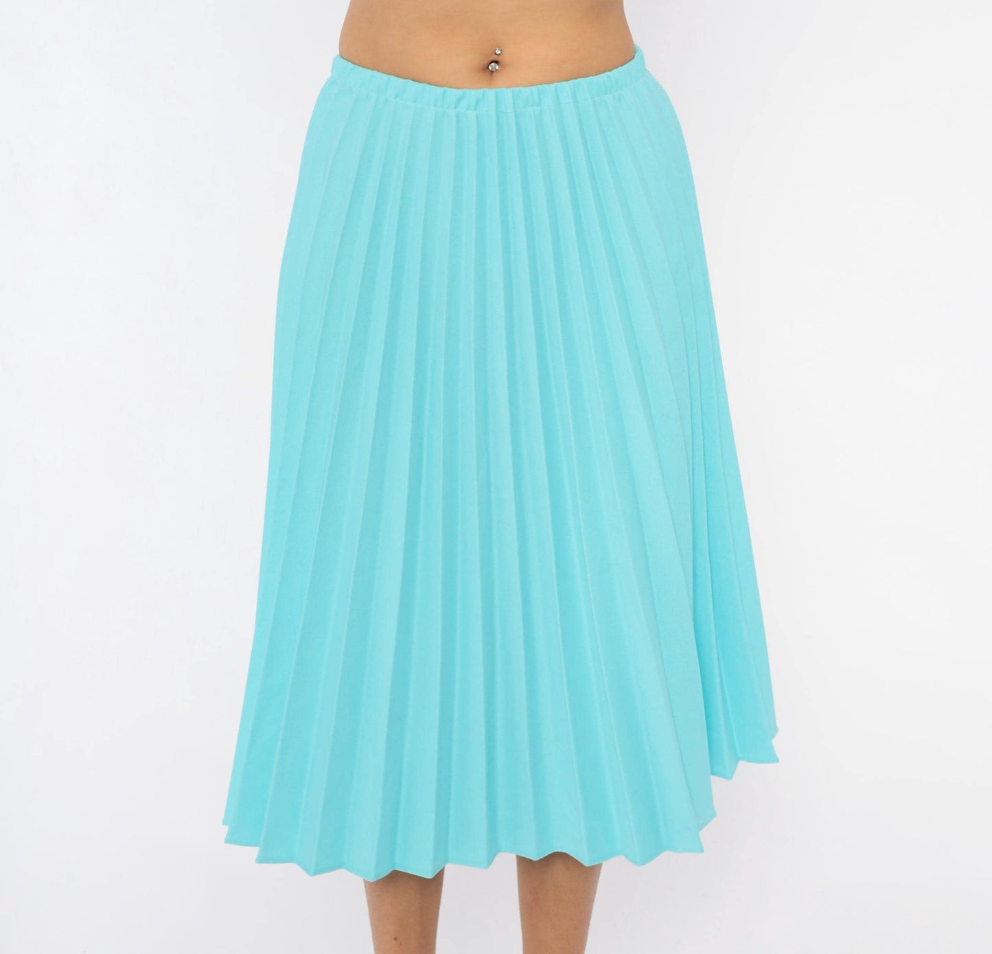 70s Aqua Pleated Midi Skirt Accordion Knife Pleat A-Line Sky Blue Small Medium