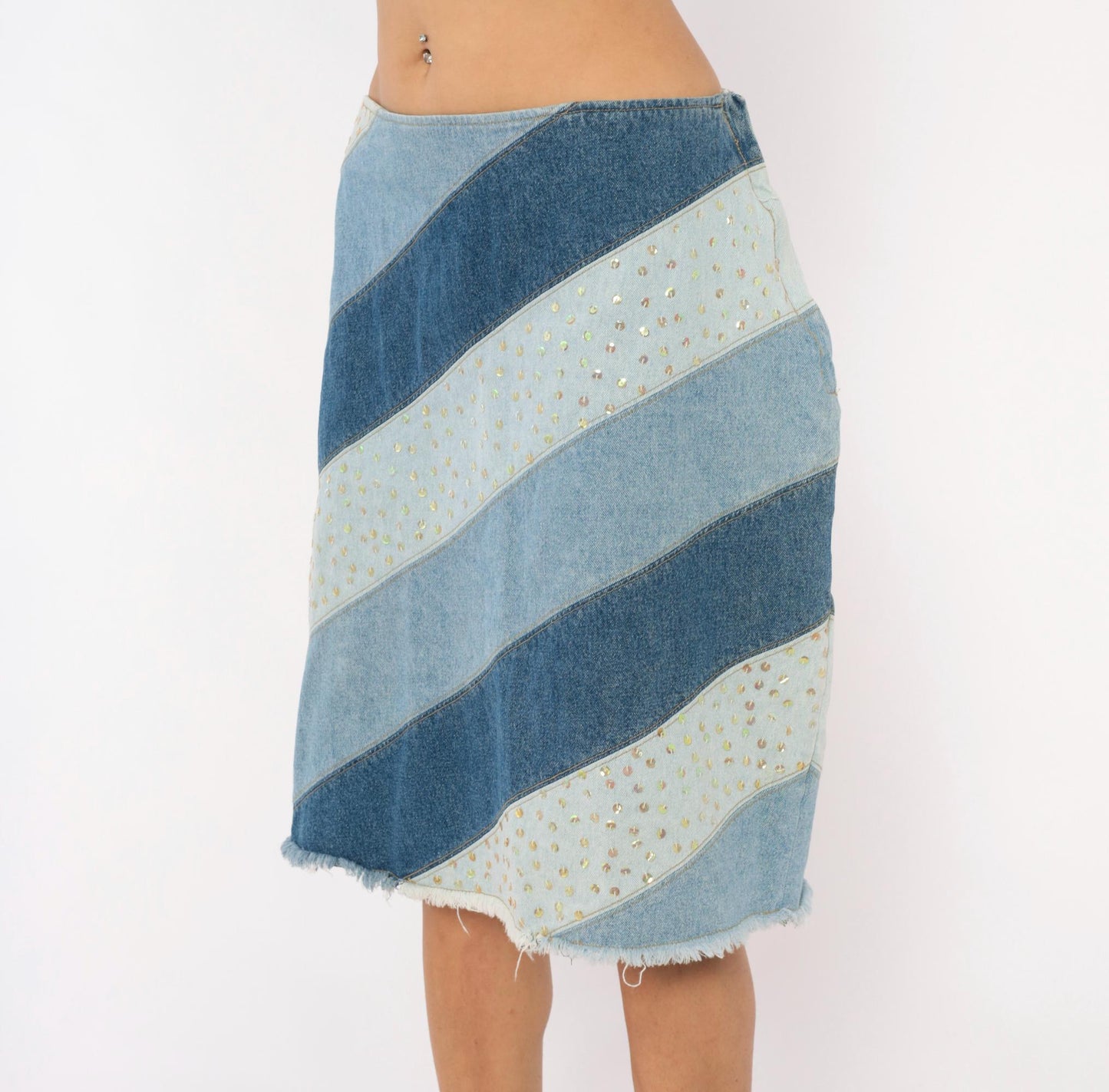Y2K Avenue Blues Patchwork Denim Skirt Sequin Embellished Knee Length Extra Large