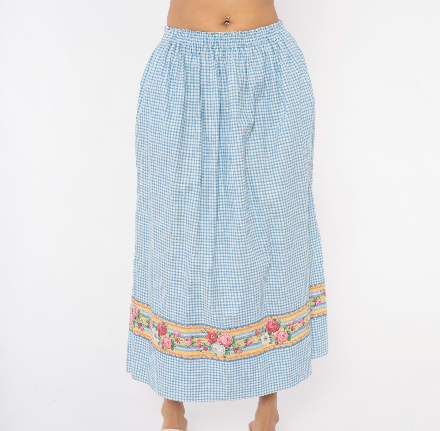 80s Vera Bradley Gingham Cotton Maxi Skirt Blue White Floral Border Small Medium