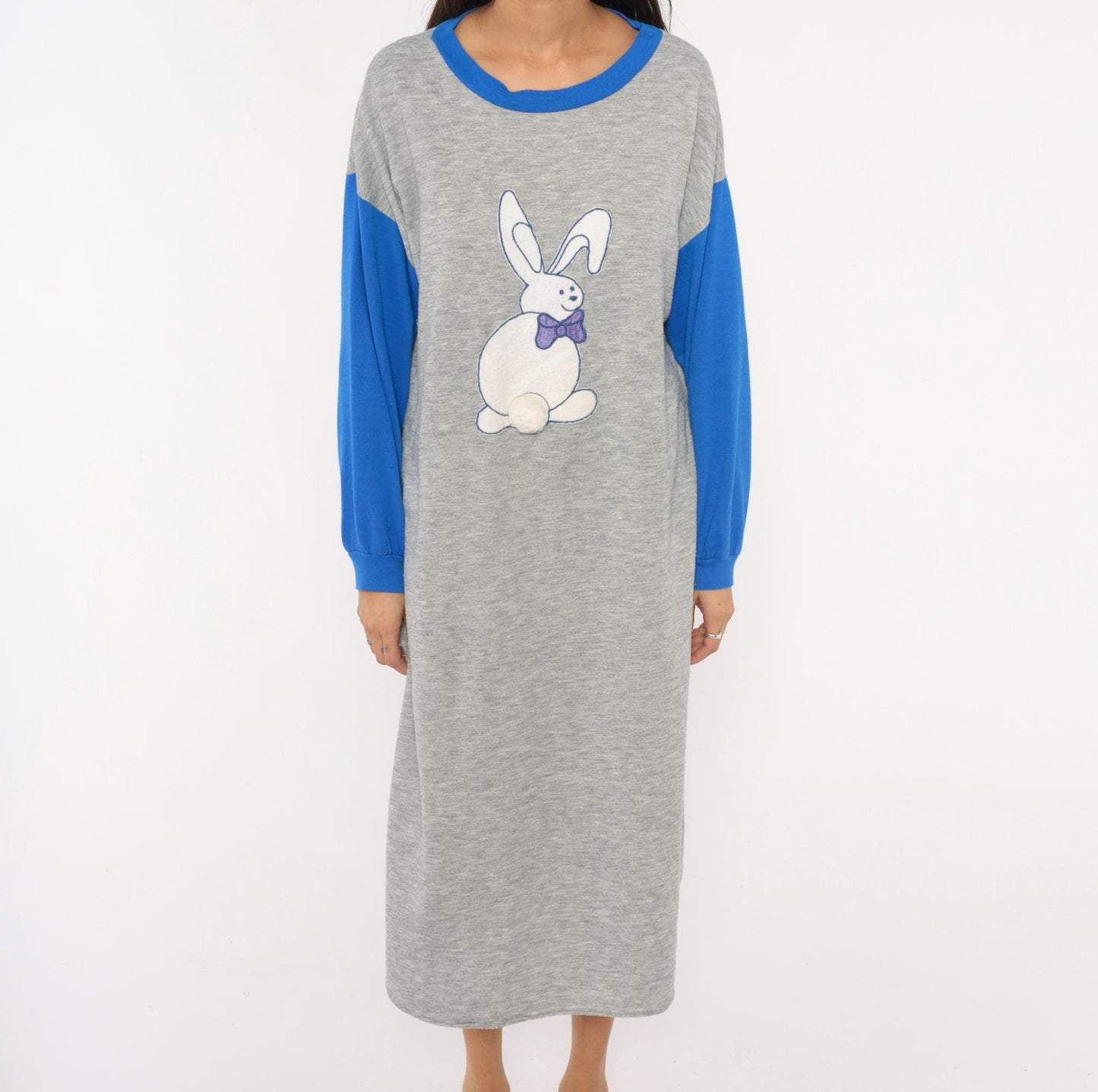 80s Kimberly Laine Bunny Applique Nightgown Grey Blue Colorblock Midi Large L