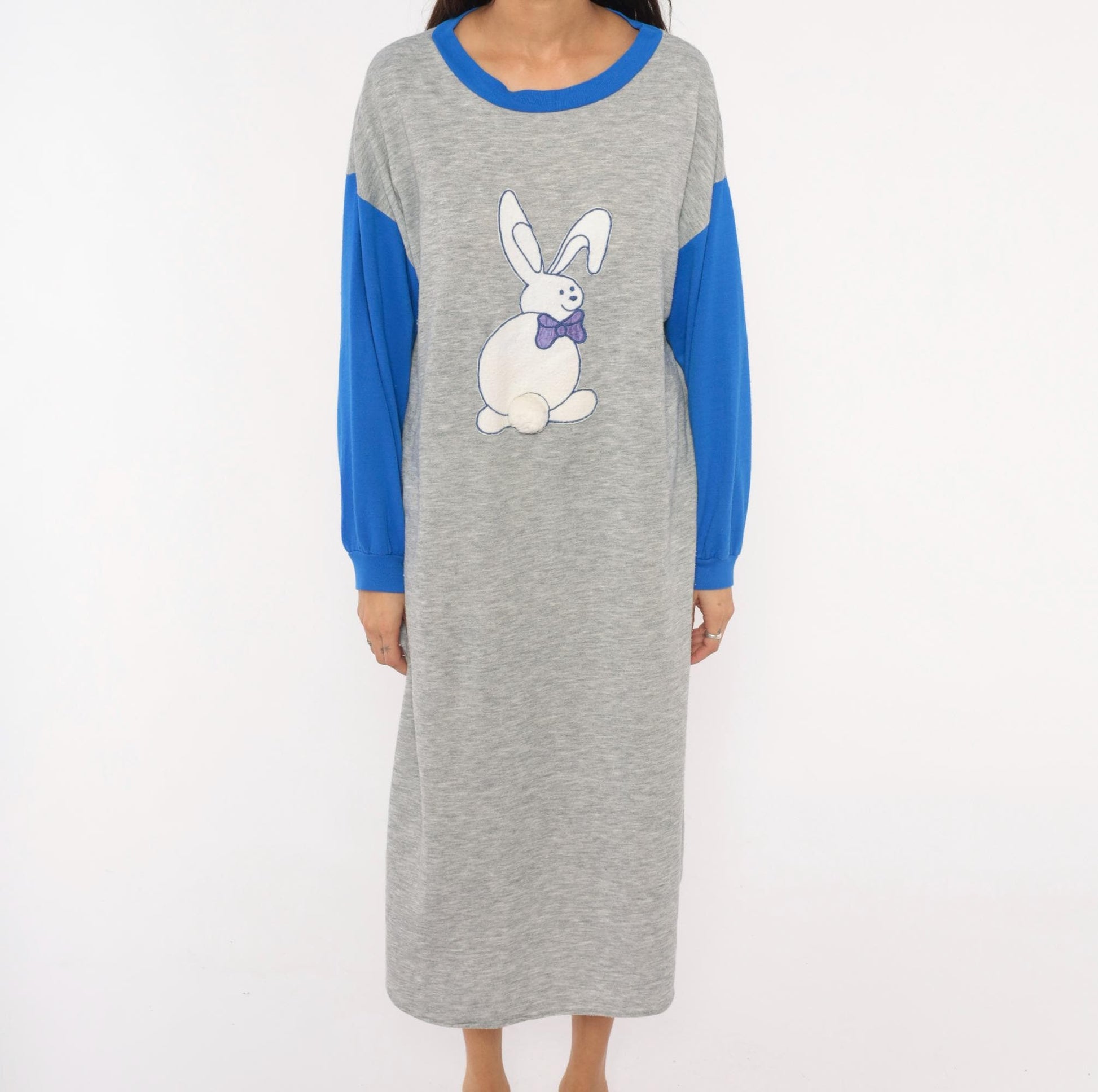 80s Kimberly Laine Bunny Applique Nightgown Grey Blue Colorblock Midi Large L