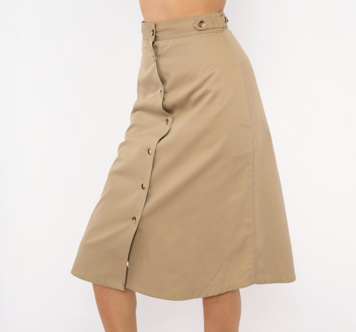 80s Bear It Khaki A-Line Midi Skirt Button Front Cotton Tan Small S