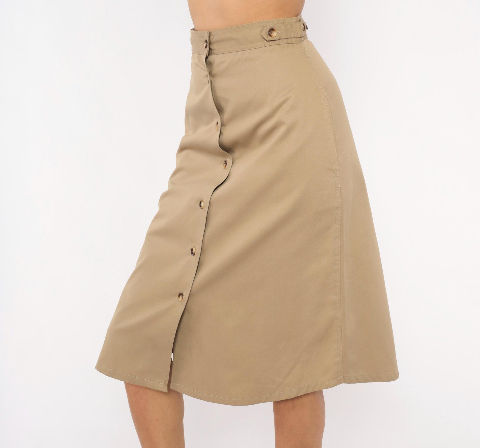 80s Bear It Khaki A-Line Midi Skirt Button Front Cotton Tan Small S