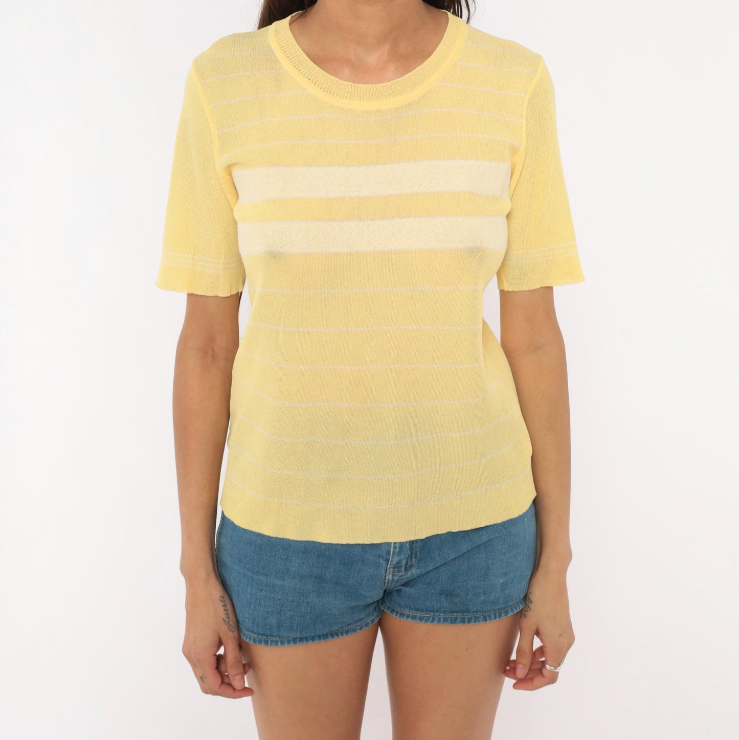 70s Ronfinne Striped Knit Top Yellow White Crew Neck Short Sleeve Small Medium