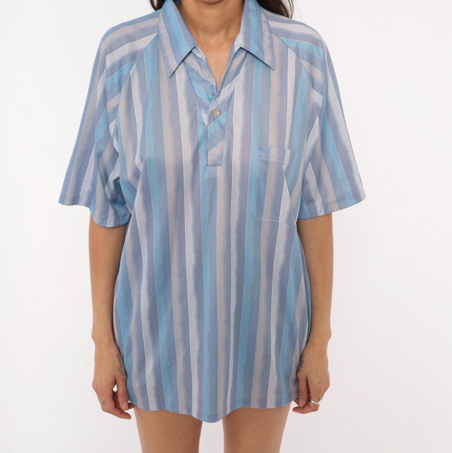 90s Dache Watercolor Stripe Polo Lavender Blue Grey Short Sleeve Large L