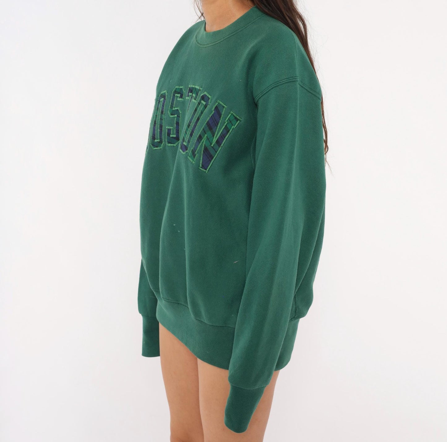 90s Boston Crewneck Sweatshirt Plaid Applique Forest Green Extra Large XL