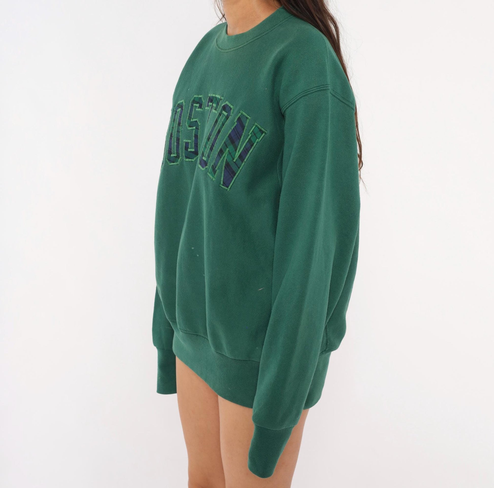 90s Boston Crewneck Sweatshirt Plaid Applique Forest Green Extra Large XL