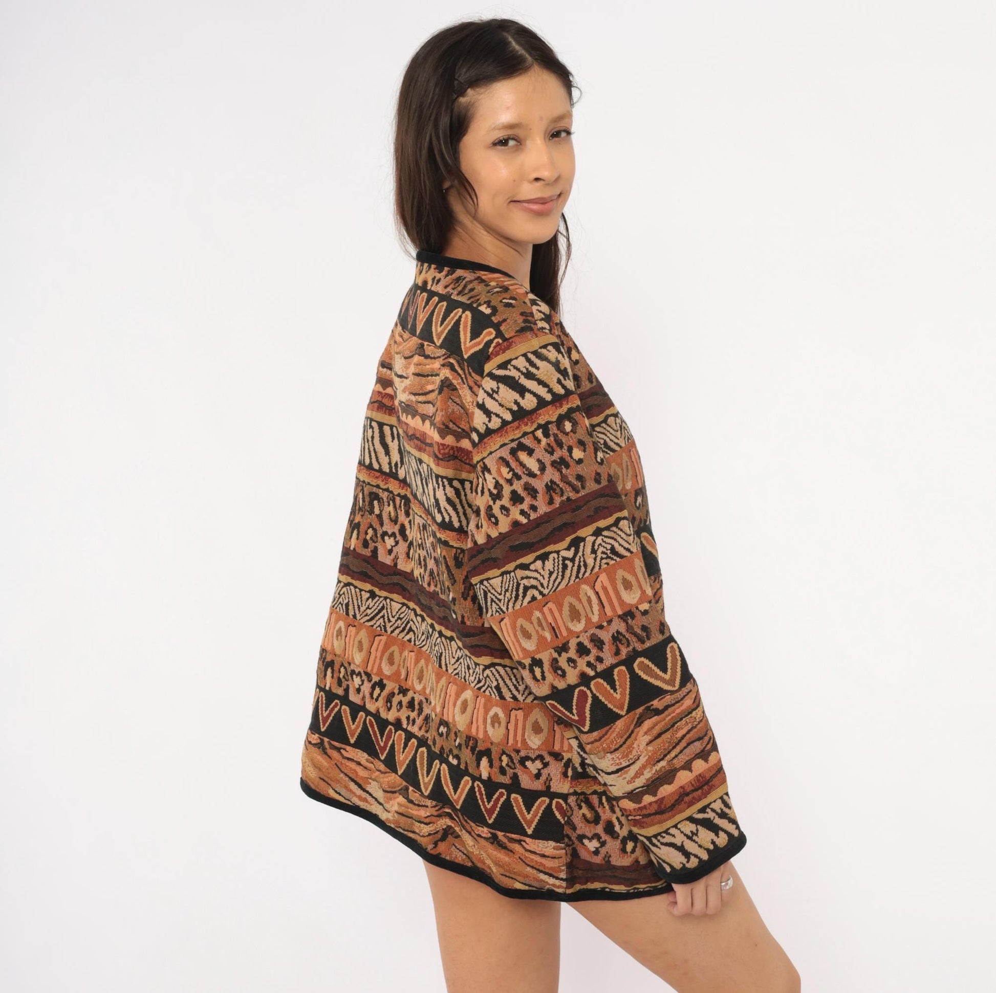 Y2K Stonebridge Tapestry Jacket Animal Print Woven Cotton Tan Brown Extra Large