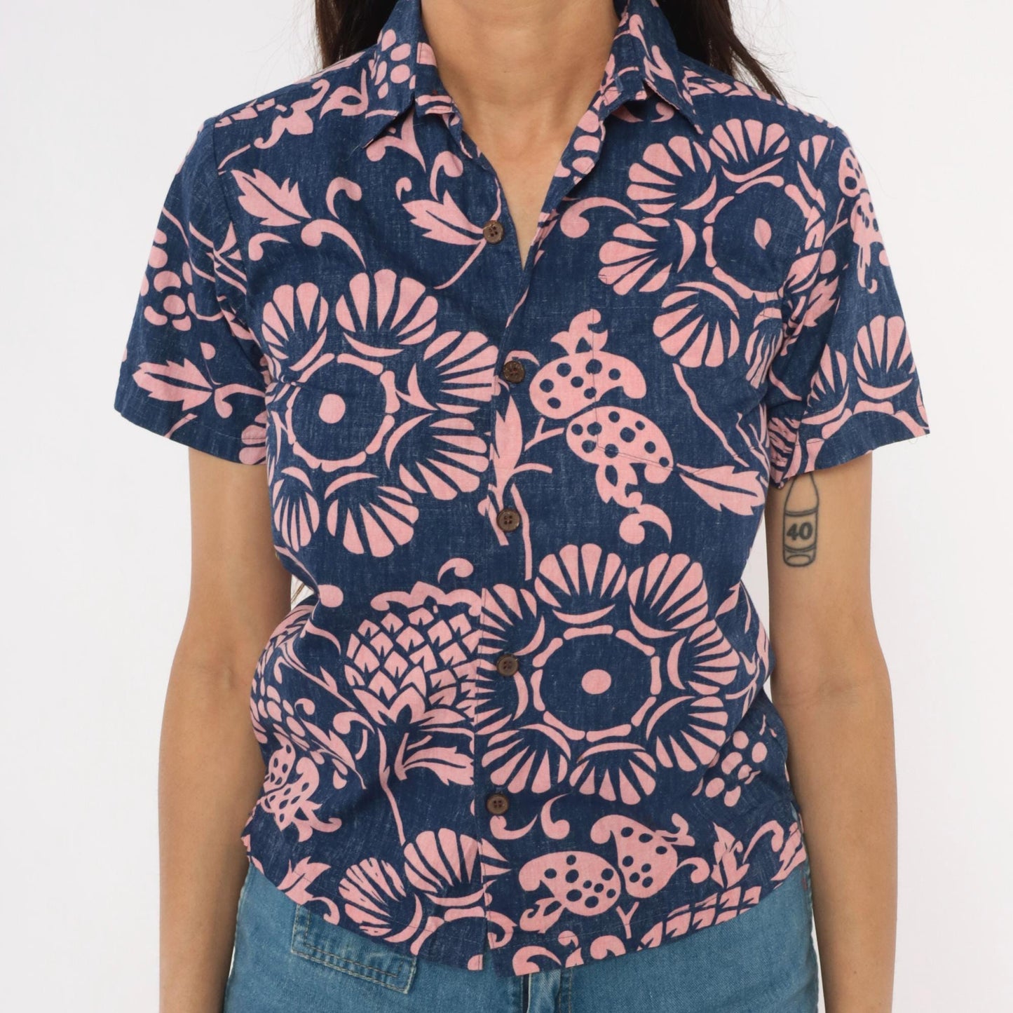 2000s Kahala Hawaiian Floral Shirt Cobalt Blue Pink Cotton XS