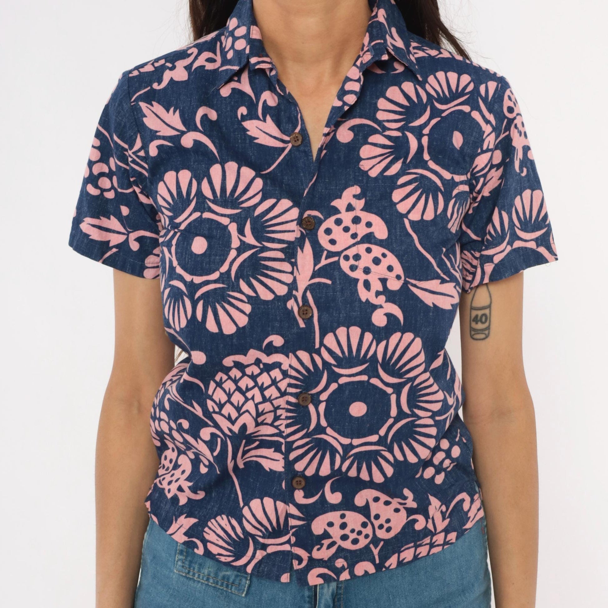 2000s Kahala Hawaiian Floral Shirt Cobalt Blue Pink Cotton XS