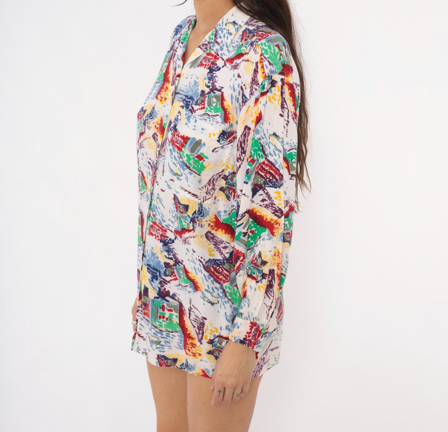 90s Ilio Abstract Painterly Button-Up Blouse Multicolor Camp Collar Medium M