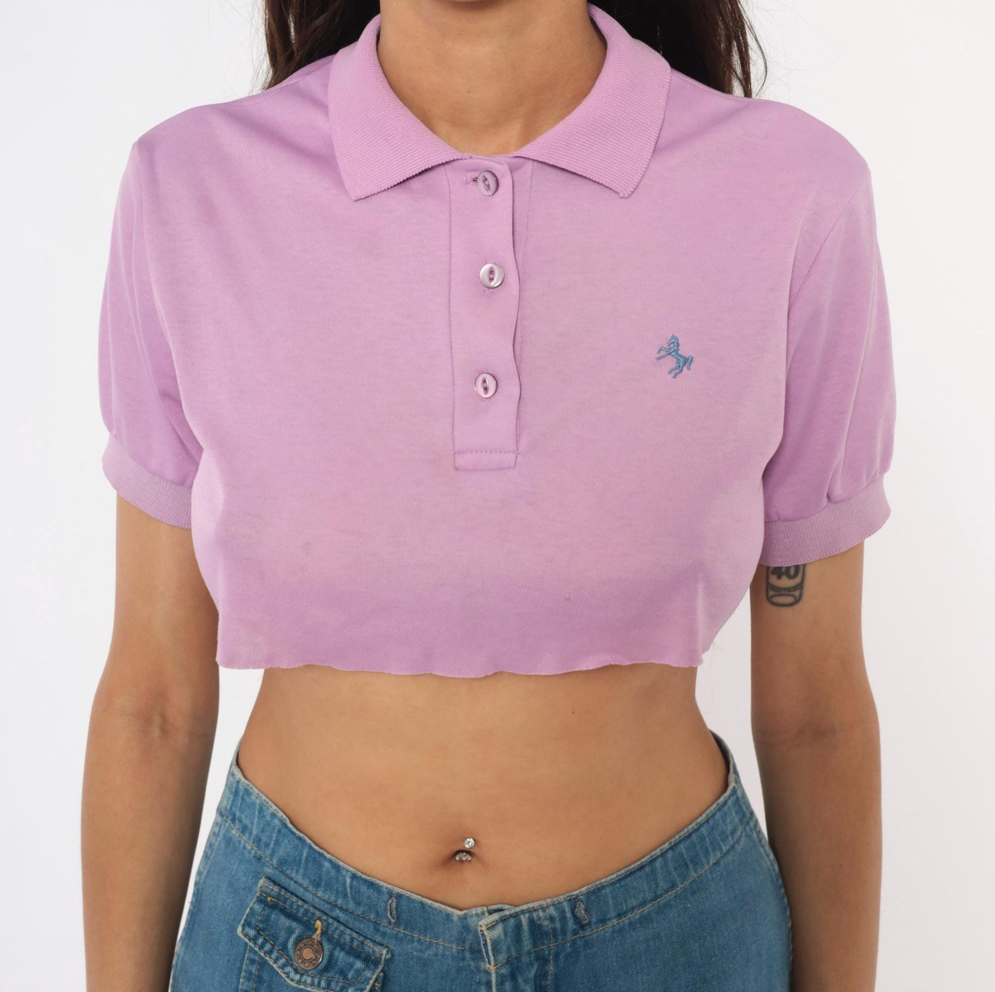90s Lilac Cropped Polo Shirt Embroidered Horse Logo Cotton Small