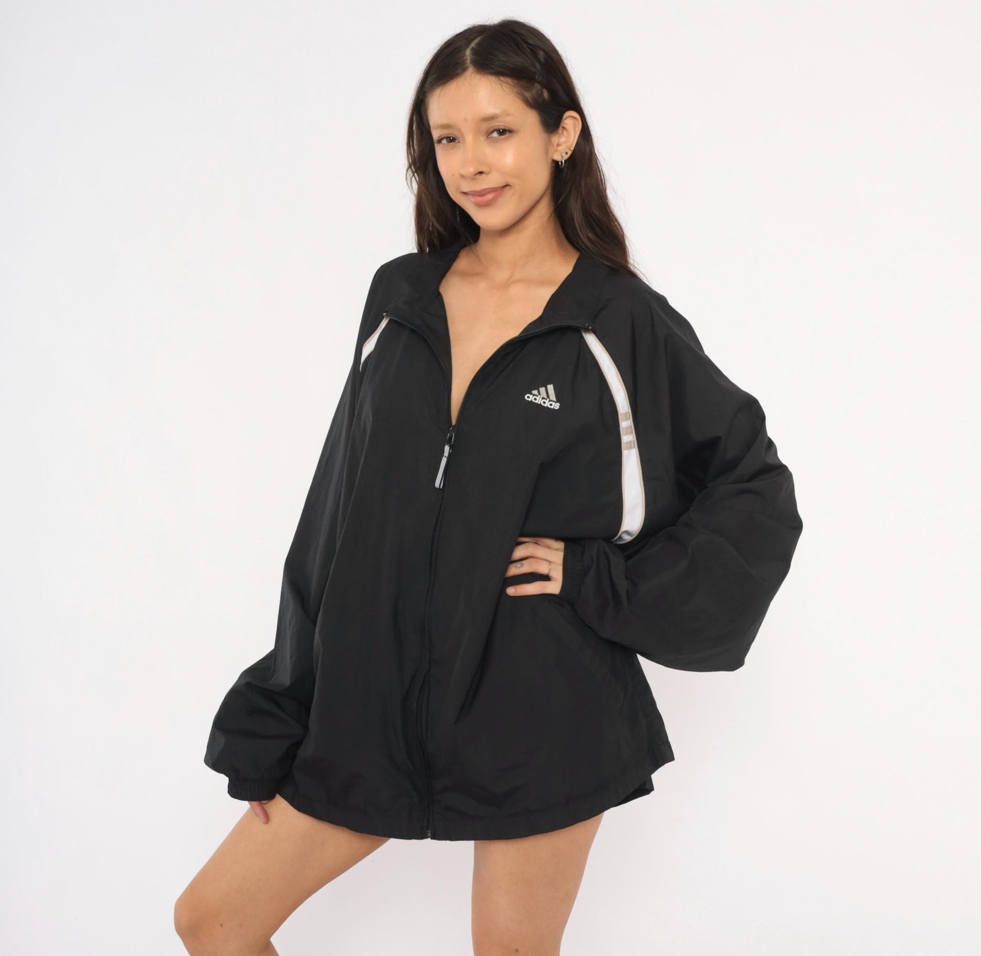 2000s Adidas Black Windbreaker White Stripe Raglan Jacket Plus Size XXL