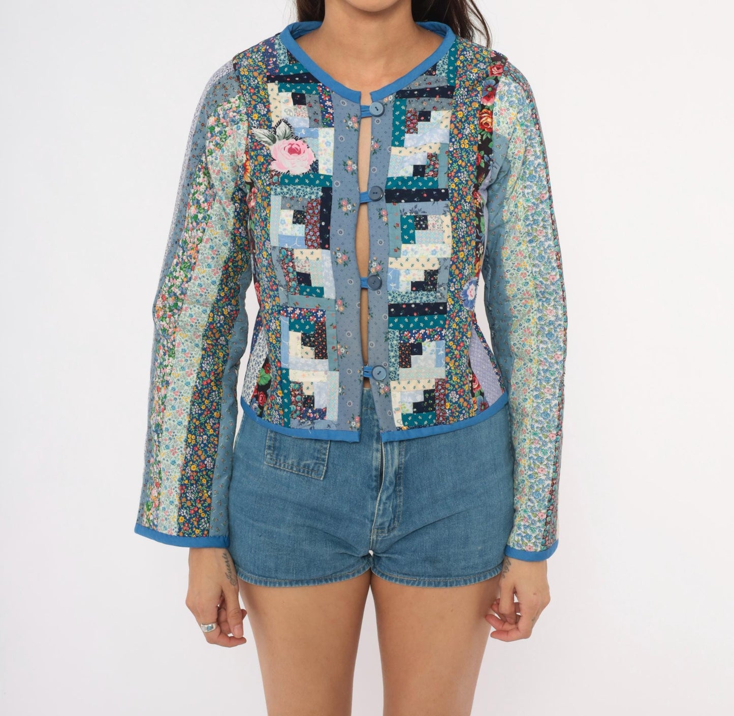 90s Calico Patchwork Quilted Jacket Log Cabin Floral Cotton Blue Navy Extra Small XS