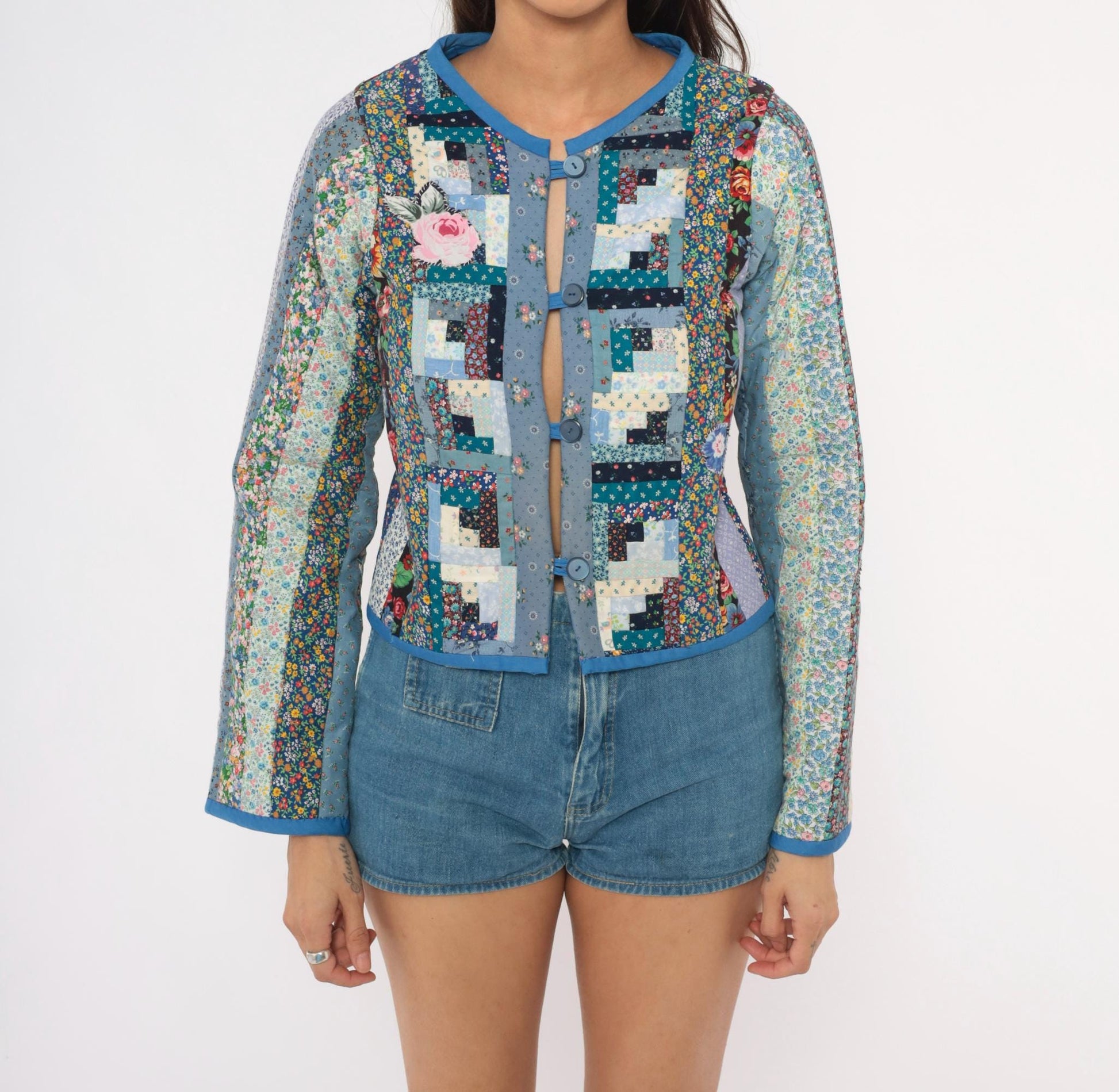 90s Calico Patchwork Quilted Jacket Log Cabin Floral Cotton Blue Navy Extra Small XS