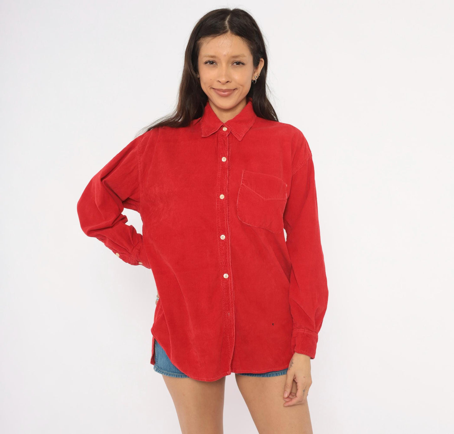 90s 2 of Us Red Corduroy Button-Front Shirt Cotton Long Sleeve Medium M