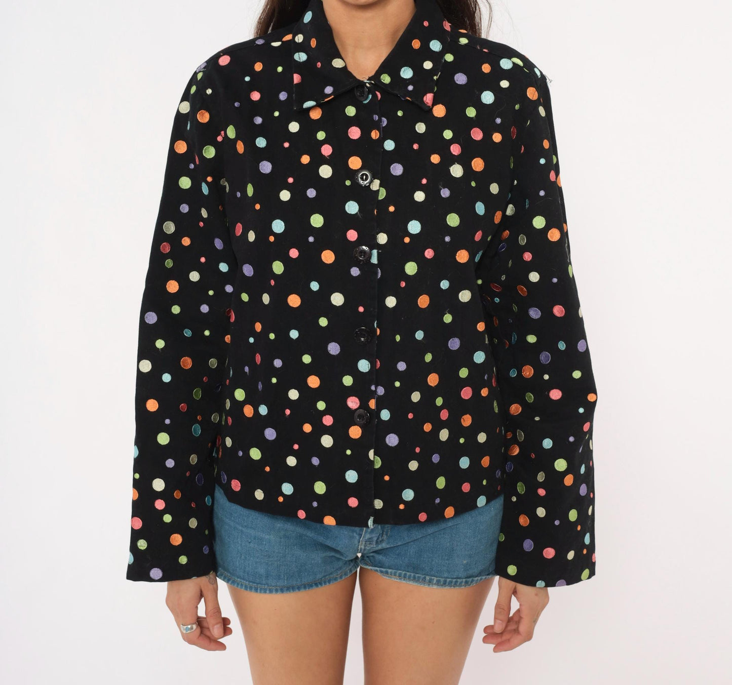 2000s Carrie Allen Polka Dot Cotton Jacket Black Multicolor Button Front Cropped Extra Large