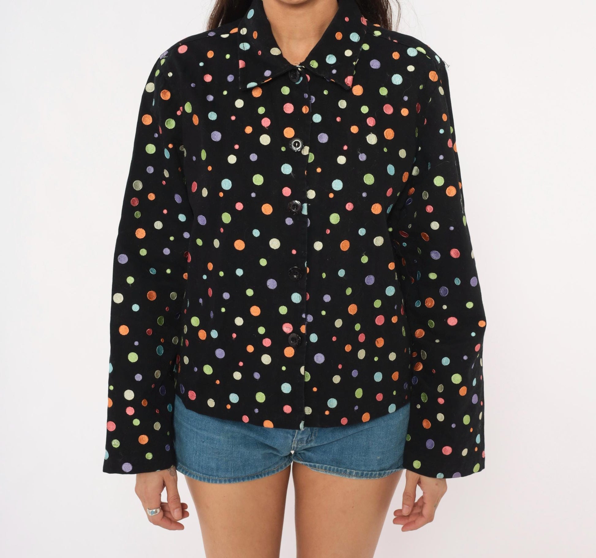 2000s Carrie Allen Polka Dot Cotton Jacket Black Multicolor Button Front Cropped Extra Large