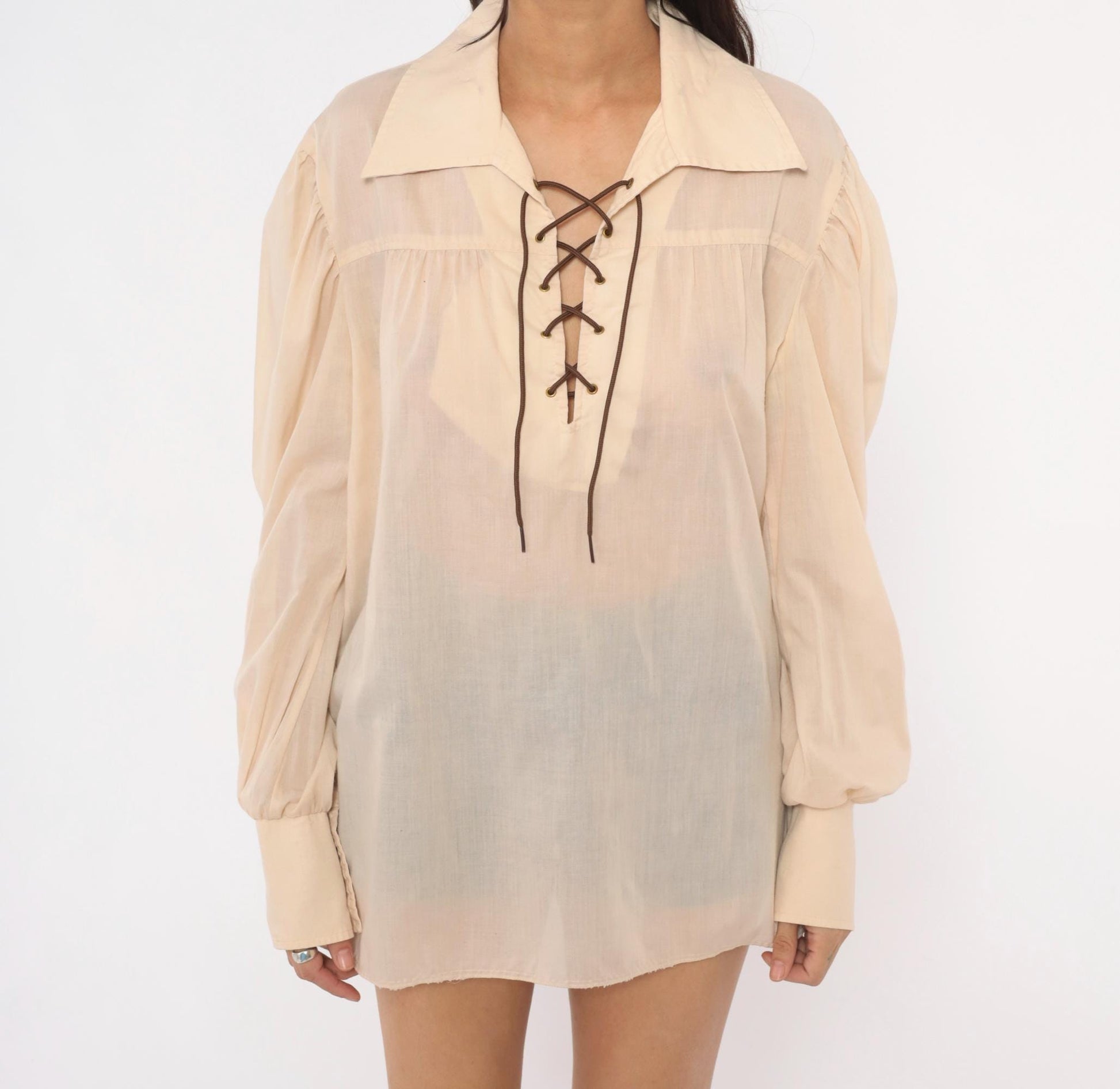 70s Budget Uniforms Cream Lace-Up Peasant Blouse Balloon Sleeve Pointed Collar Medium