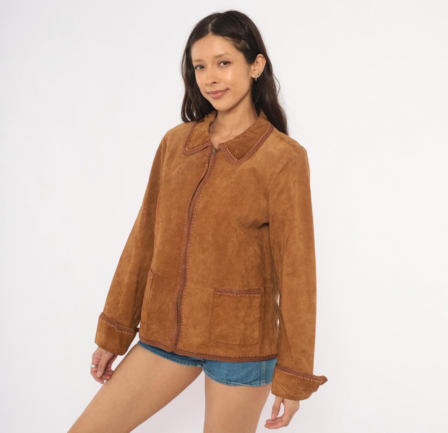 2000s Christopher & Banks Suede Jacket Brown Crochet Trim Zip Collared Large L