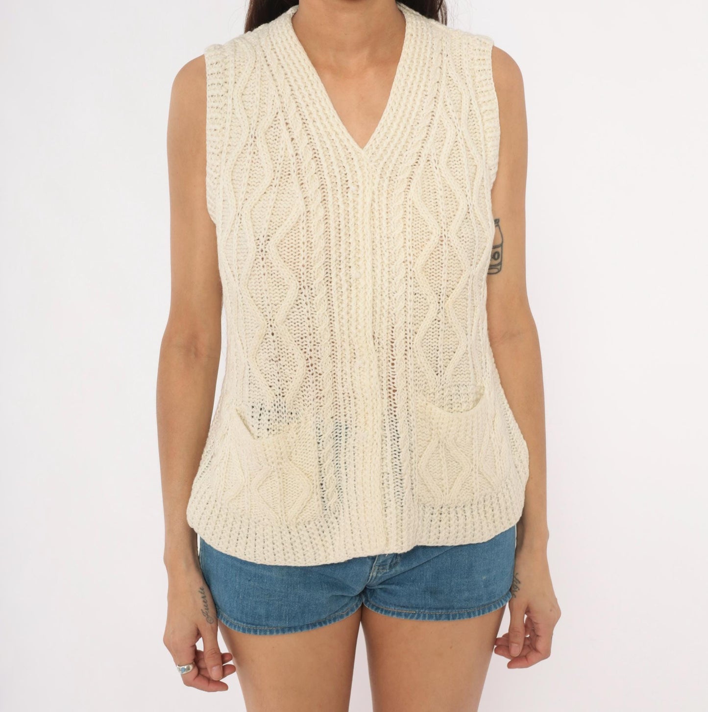 70s Cream Cable Knit Sweater Vest V Neck Pullover Preppy Small