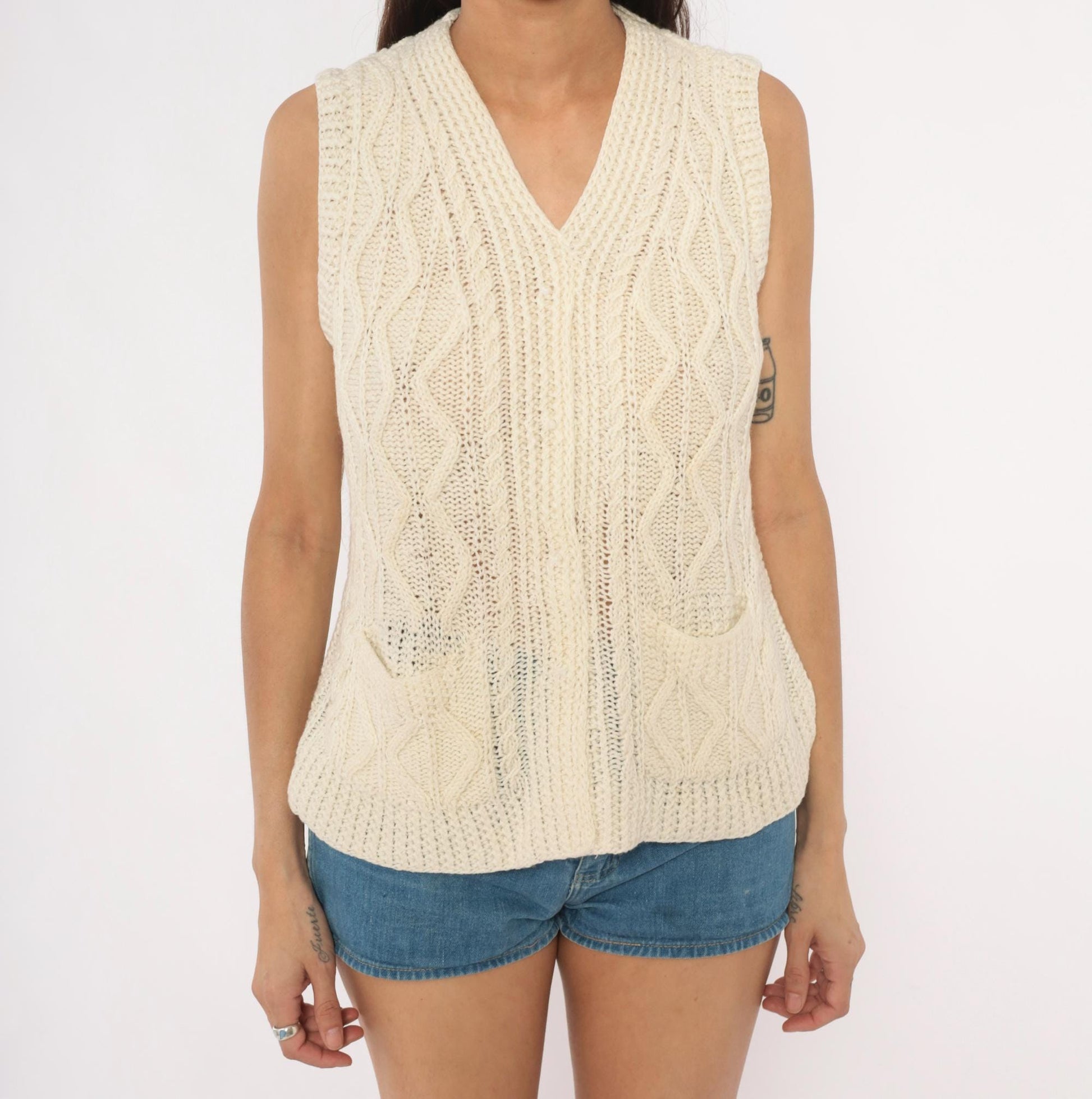 70s Cream Cable Knit Sweater Vest V Neck Pullover Preppy Small