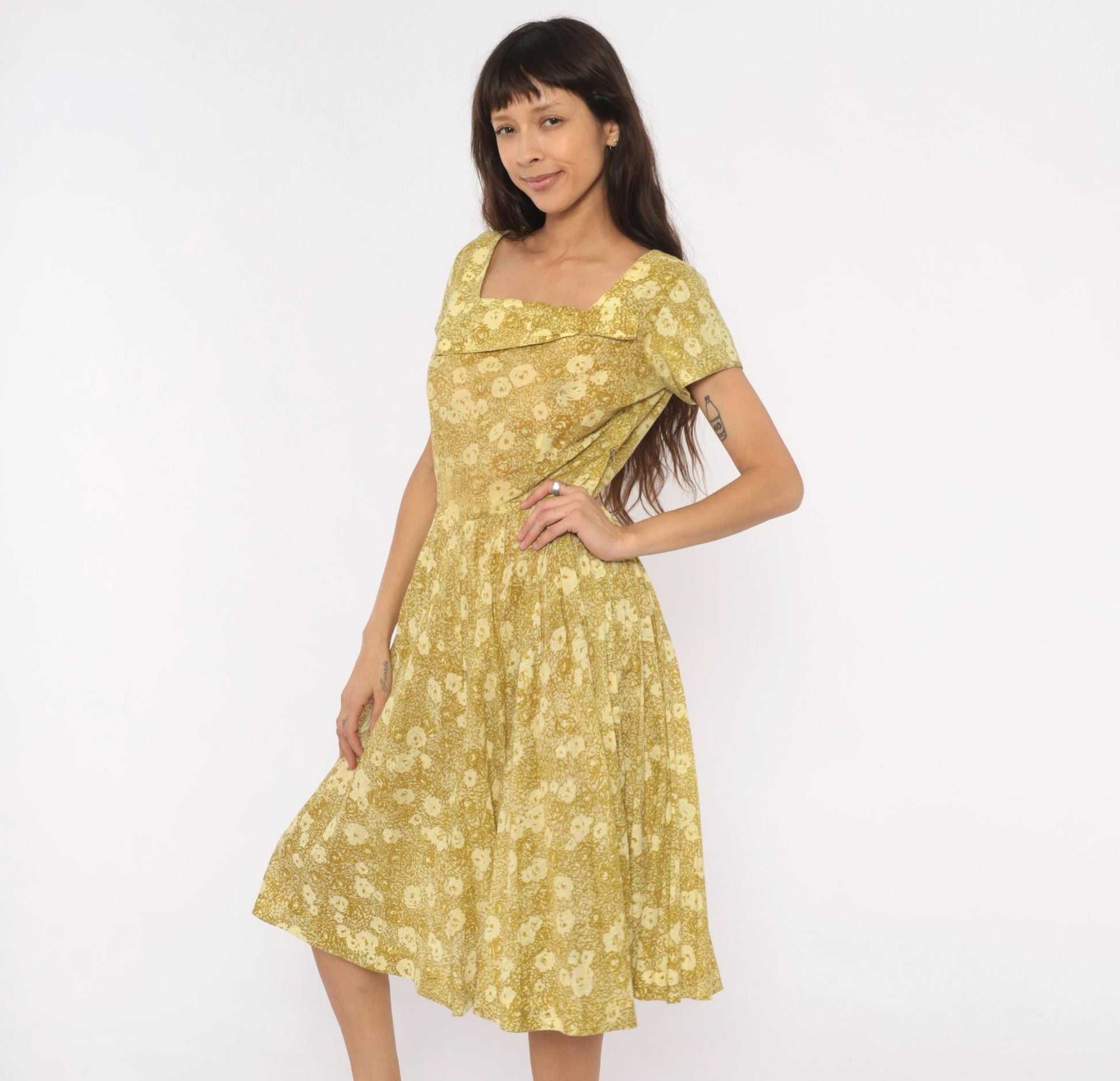 60s Annetta New York Floral Dress Square Neckline Pleated Full Skirt Medium