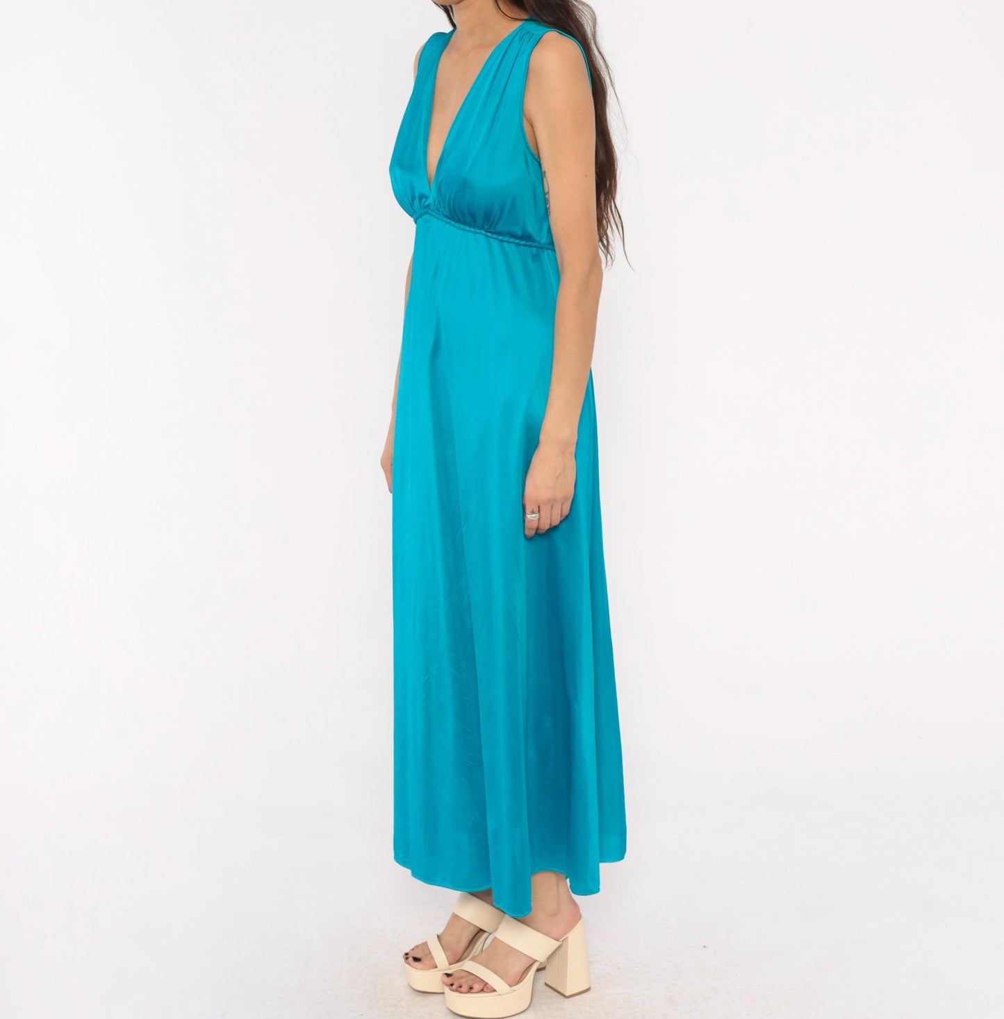 70s Teal Grecian Maxi Dress Deep V Neck Empire Waist Nylon Large L