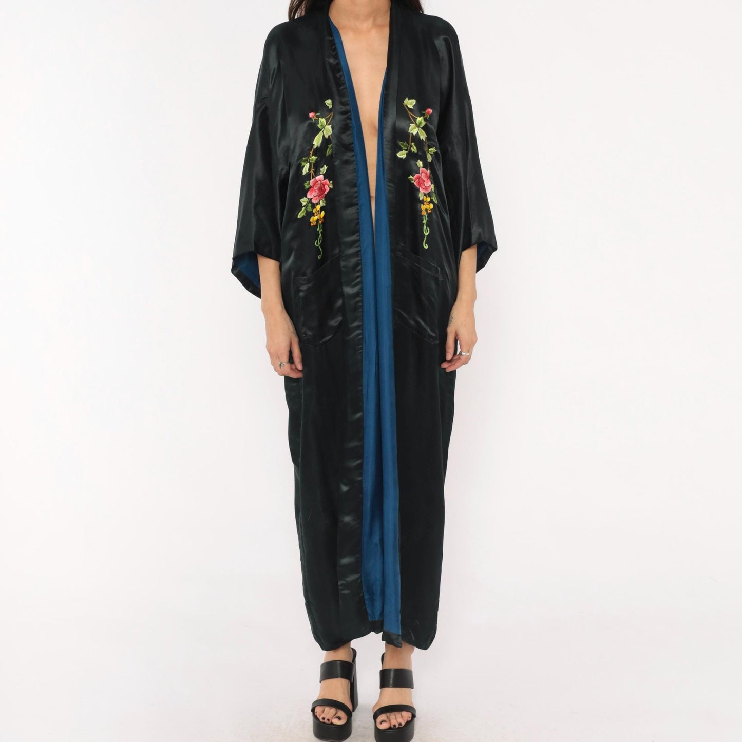 80s Xiangshan Yiyuan Black Silk Kimono Robe Embroidered Floral Maxi Extra Large