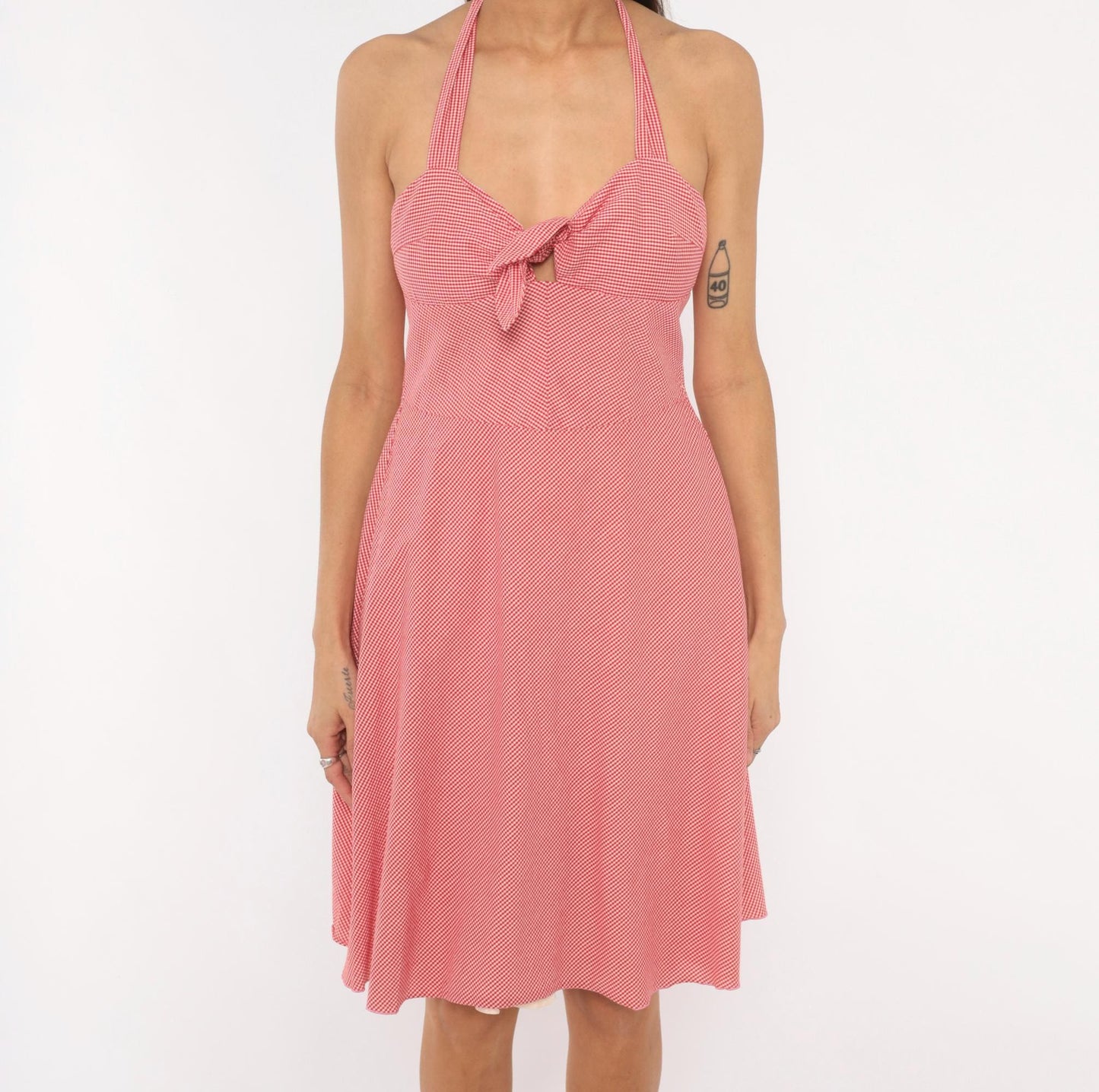 Trina Turk 2000s Gingham Halter Dress Red White Sweetheart Neckline Medium M