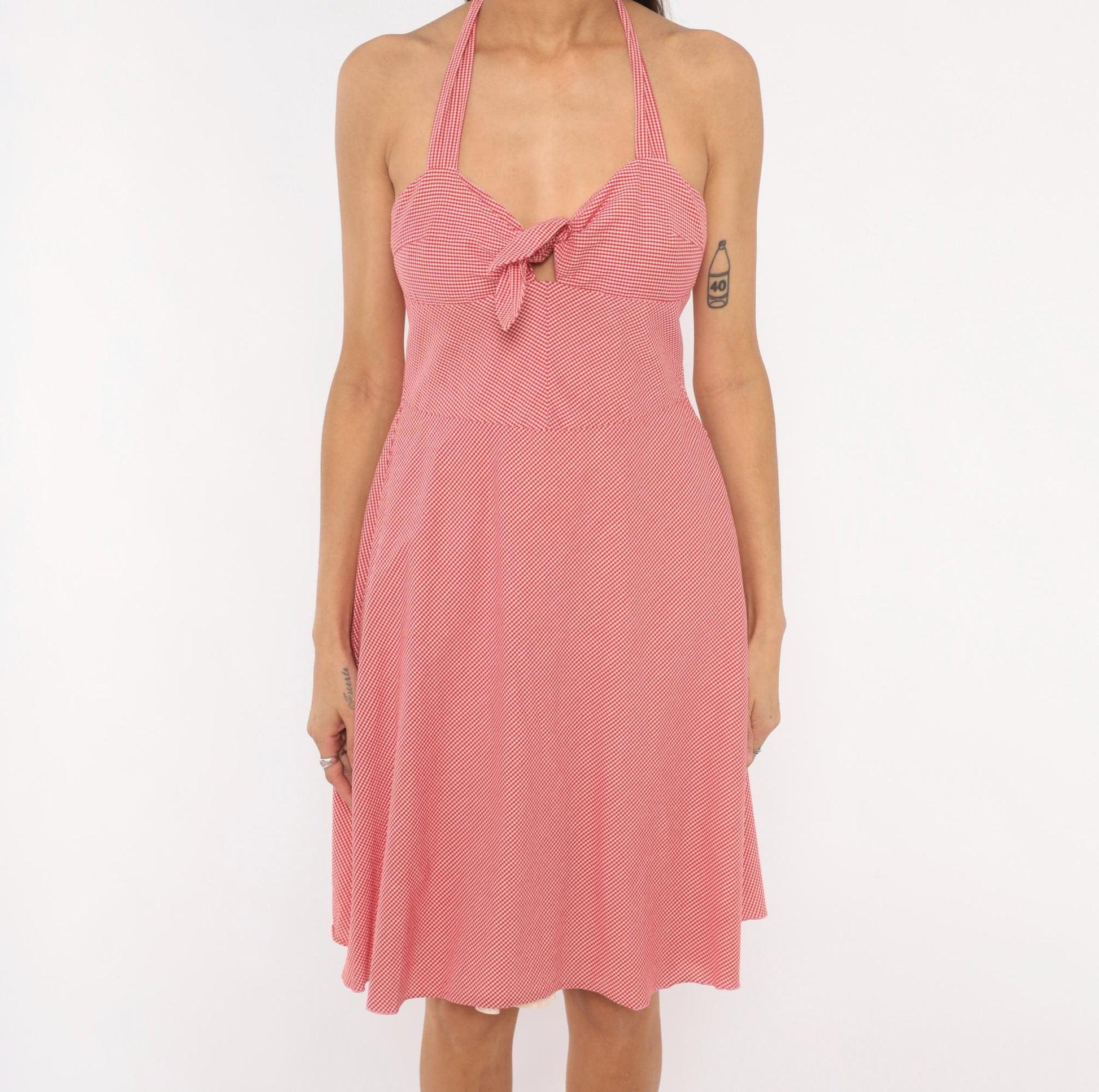 Trina Turk 2000s Gingham Halter Dress Red White Sweetheart Neckline Medium M