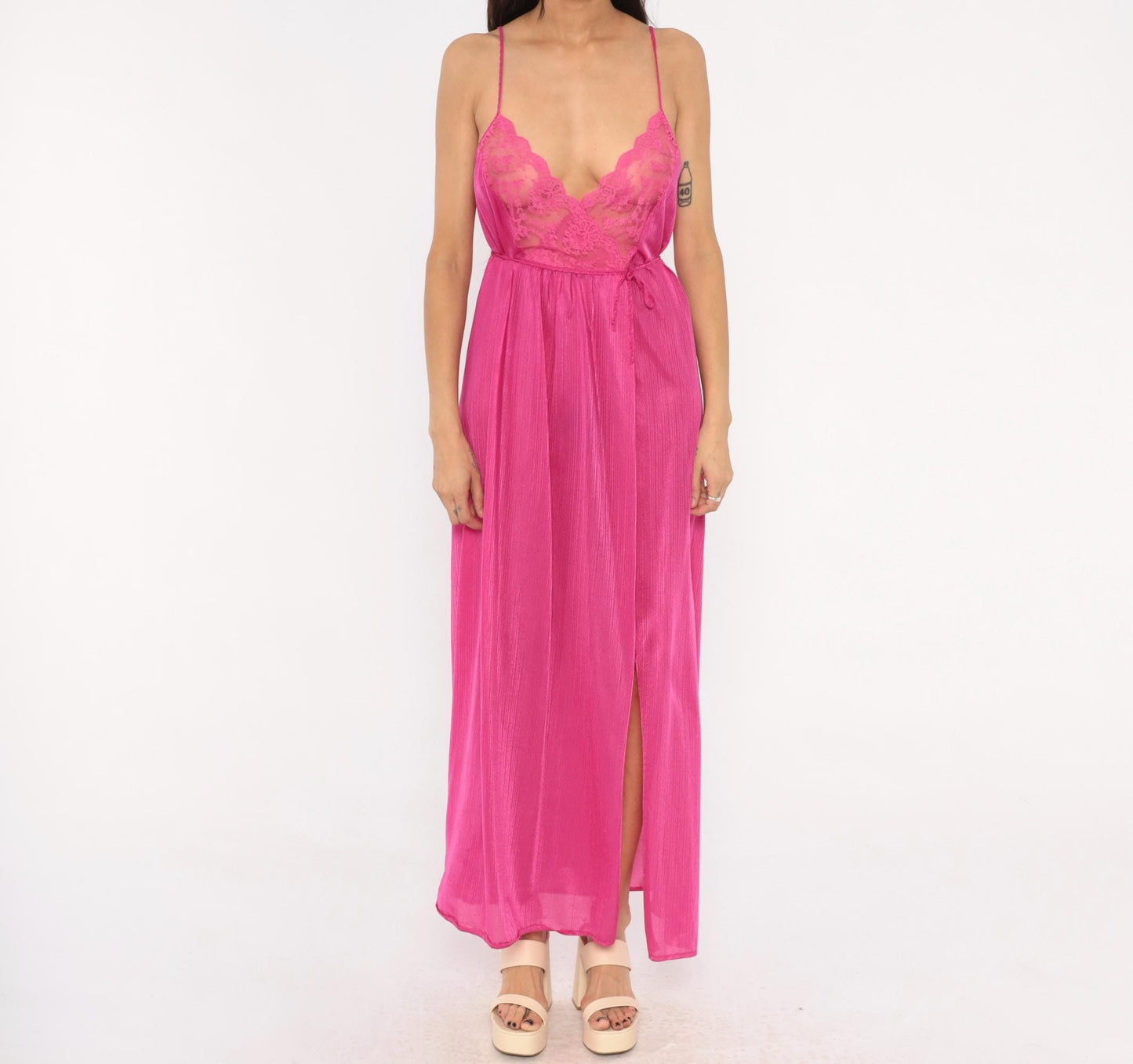 70s Pollinaise Hot Pink Lace Maxi Nightgown Spaghetti Strap Empire Waist Large L