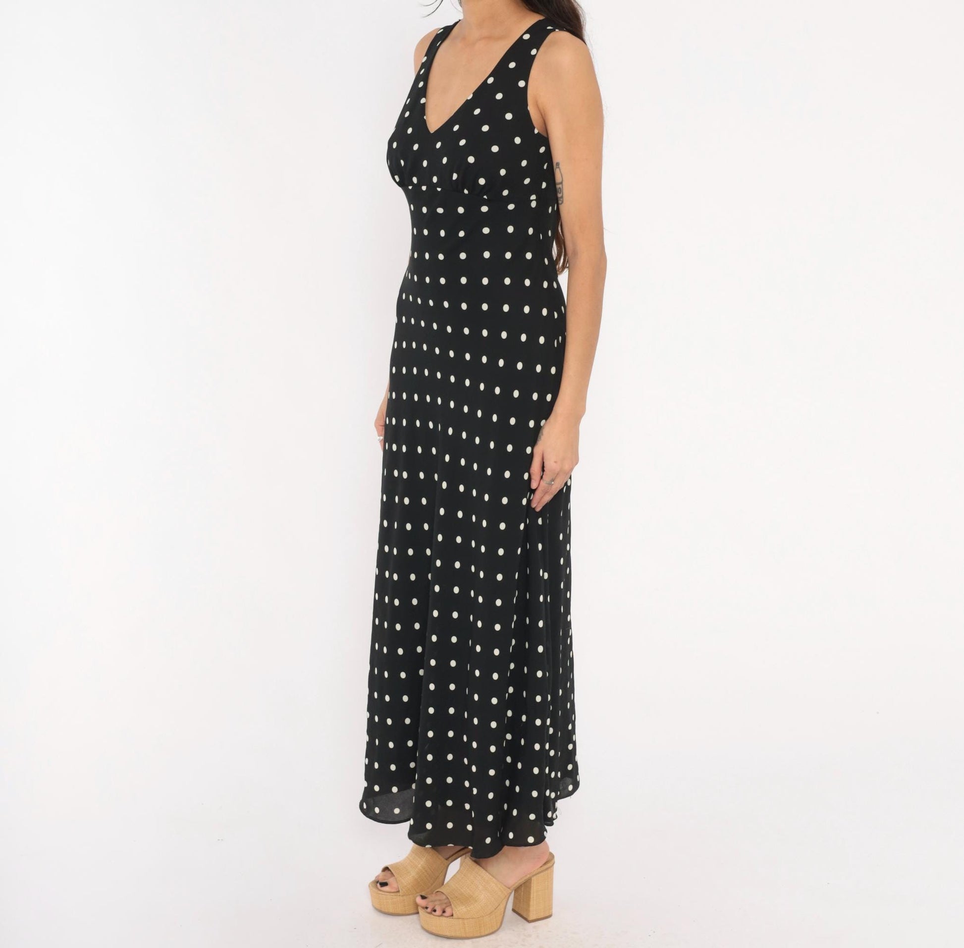 90s Alyn Paige Polka Dot Maxi Dress Black White V Neck Empire Waist Medium M