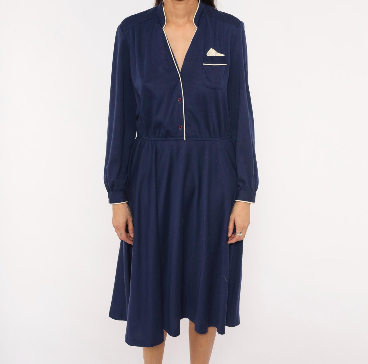 80s Ms. Sugar Navy Cotton Dress V-Neck Button Front Blouson Sleeve Medium Large