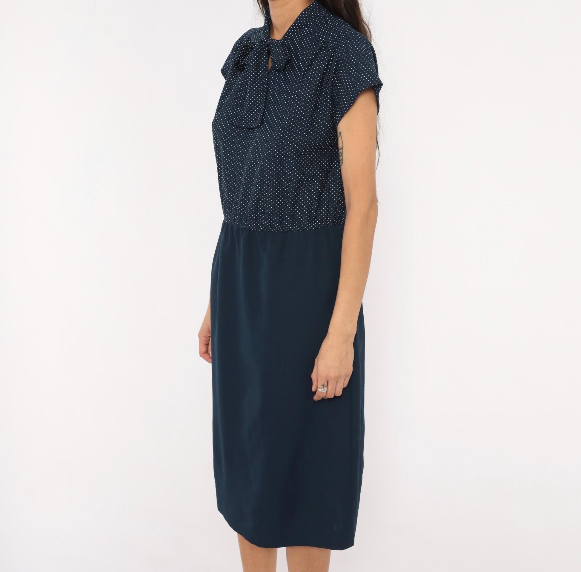 70s Navy White Polka Dot Bow Neck Dress Cap Sleeve Knee-Length Medium