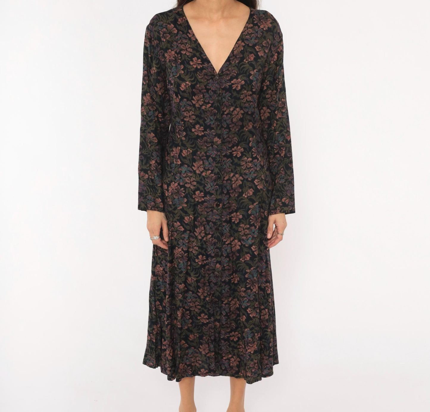 90s Dark Floral Midi Dress V-Neck Button Front Long Sleeve Black Large L