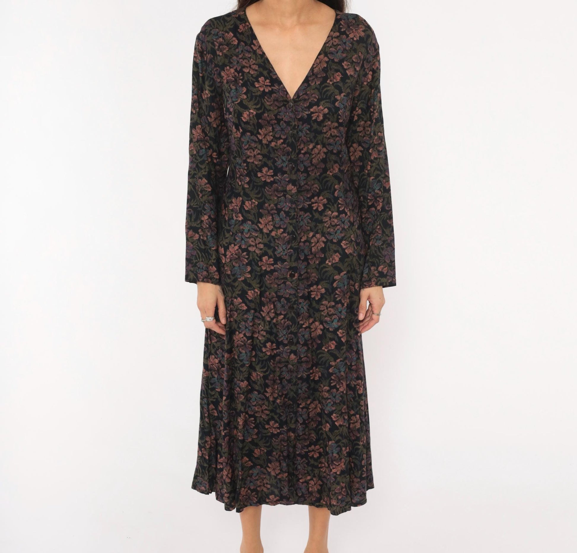 90s Dark Floral Midi Dress V-Neck Button Front Long Sleeve Black Large L