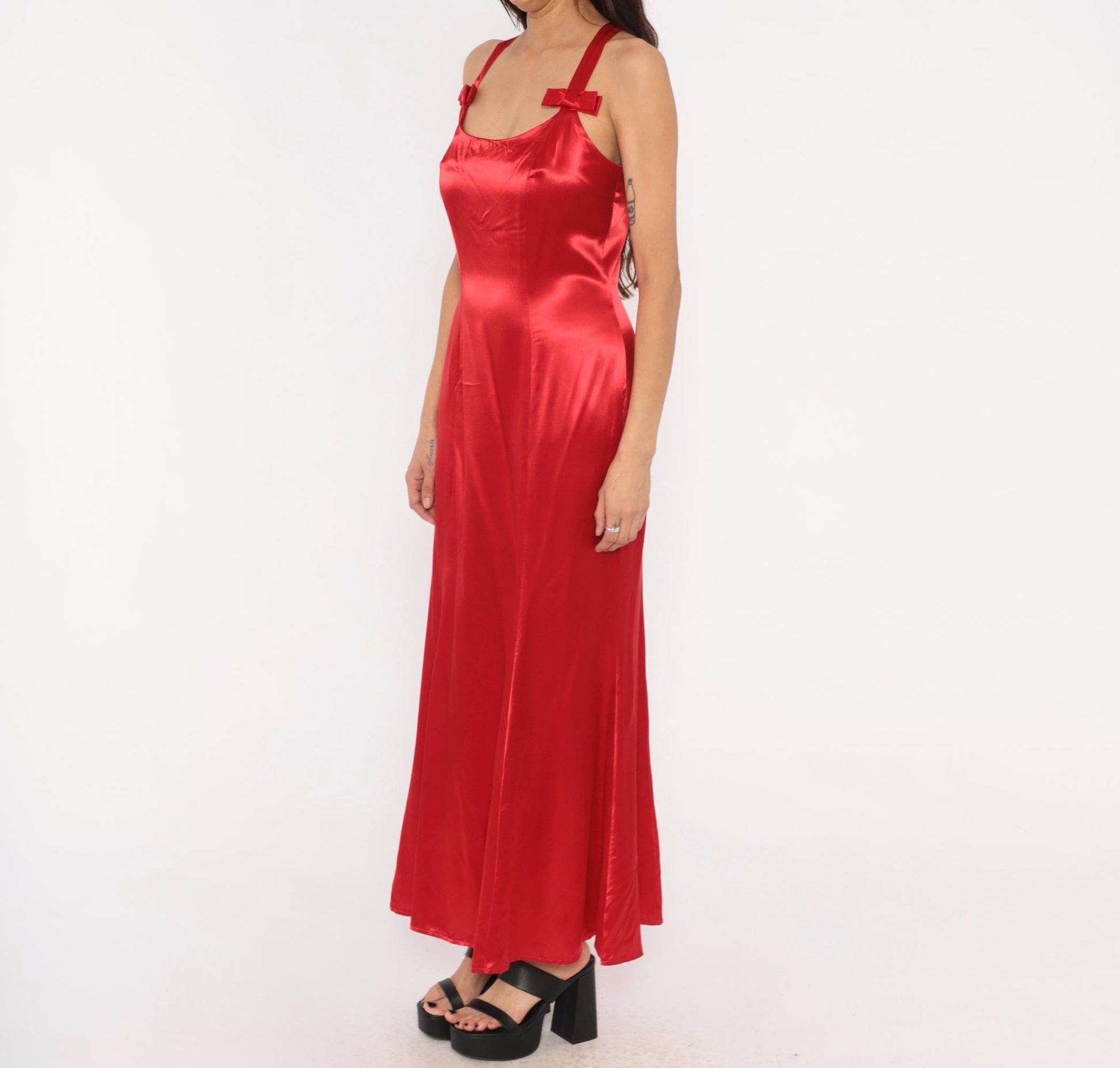90s Be Smart Red Satin Maxi Slip Dress Bow Strap Crossback Small S