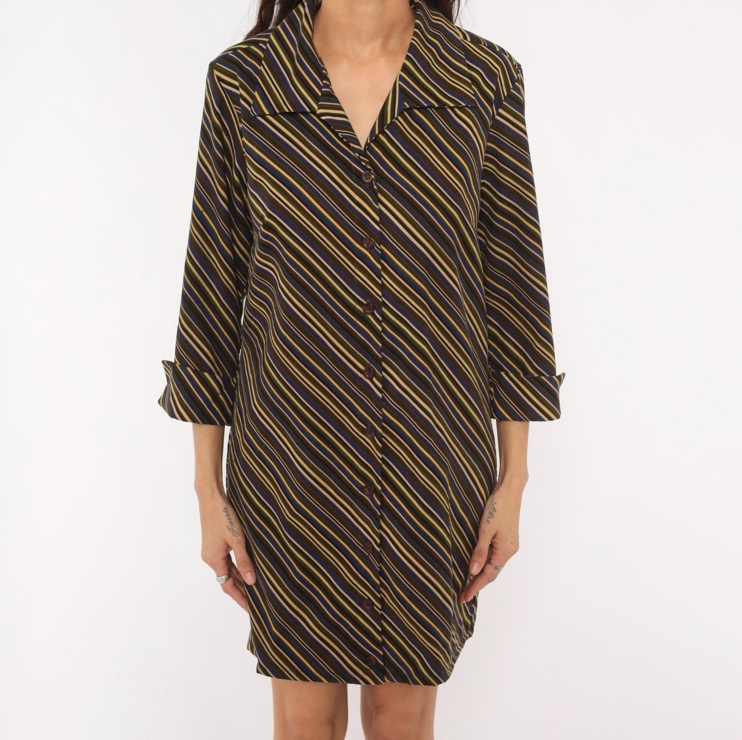 Y2K Selene Sport Striped Shirt Dress Olive Navy Gold Mini Medium M