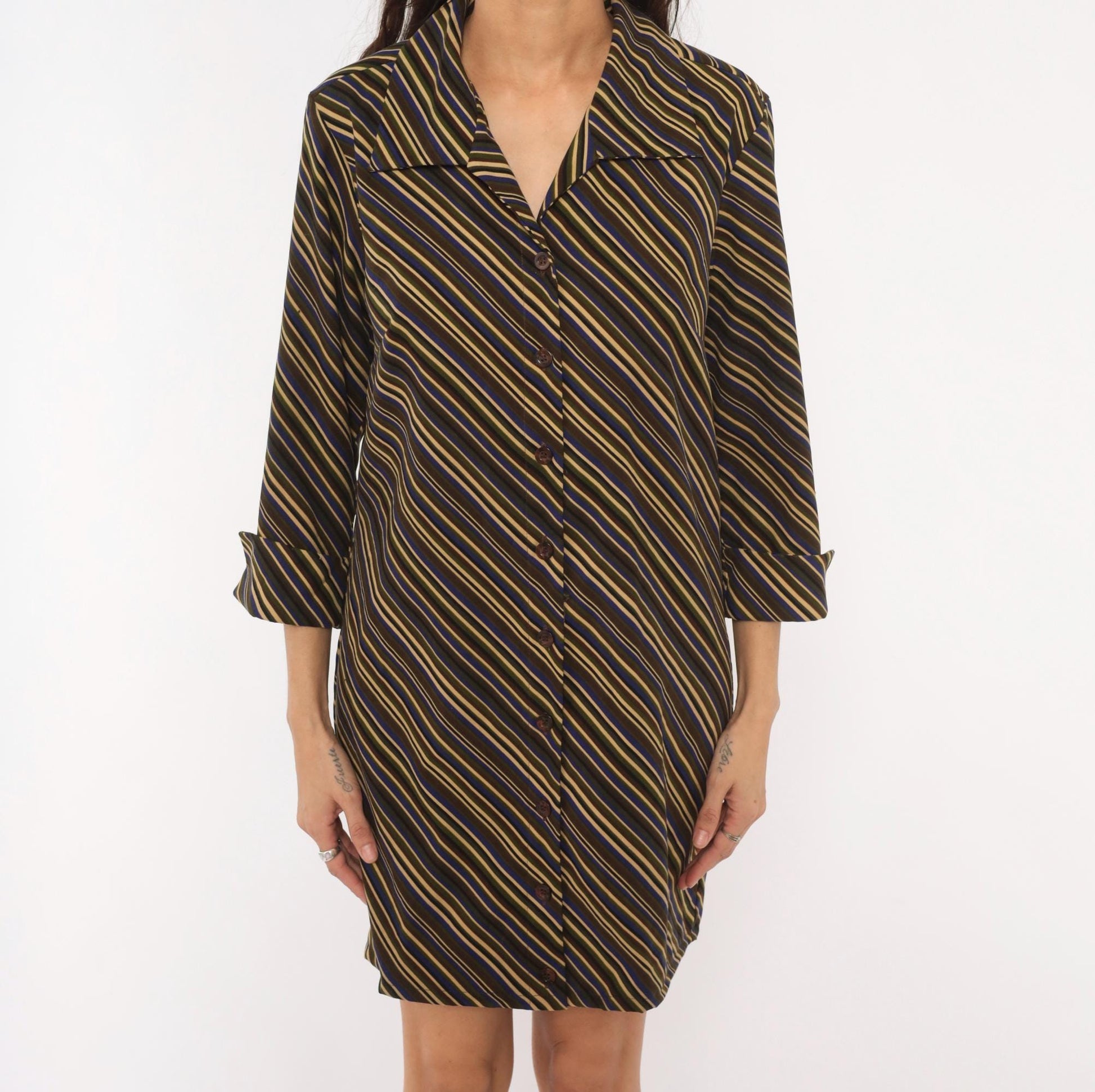 Y2K Selene Sport Striped Shirt Dress Olive Navy Gold Mini Medium M